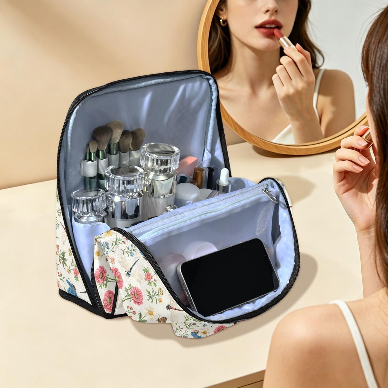 MNSRUU Travel Makeup Bag with Divider Brush Holder Flower Dragonfly image 4