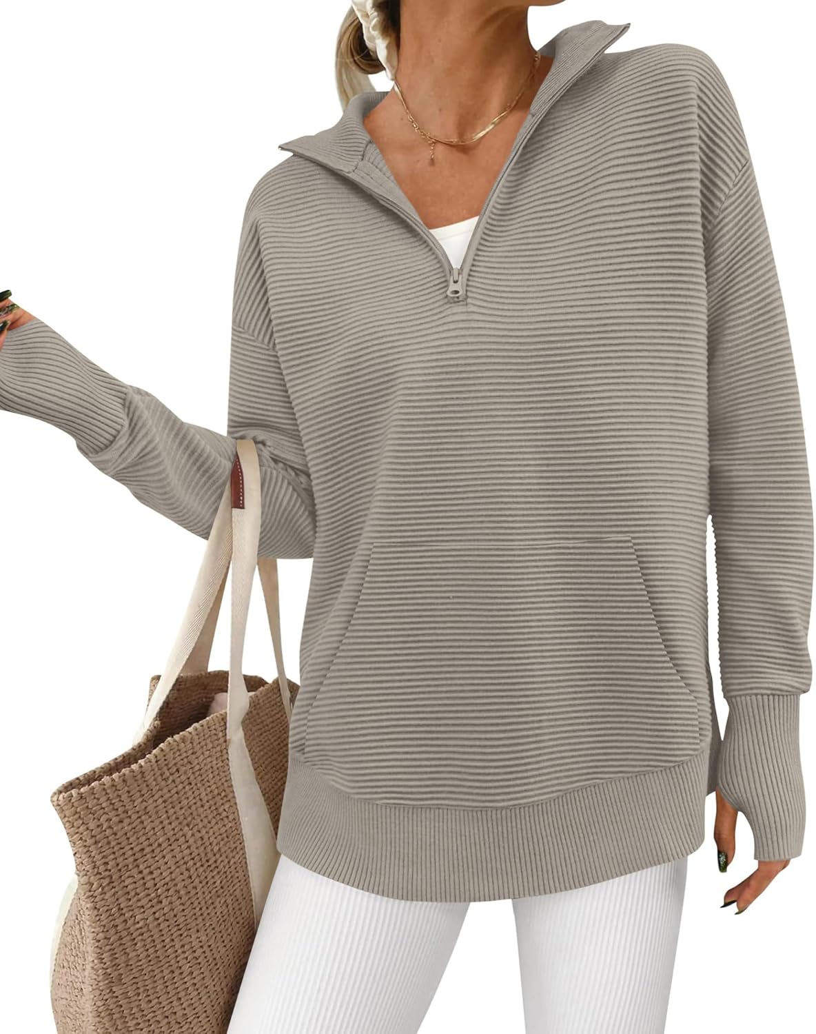 BTFBM Sweaters for Women Fall Clothes 2026 Pocket Quarter Zip Pullover V Neck Long Sleeve Knit Trendy Winter Sweater