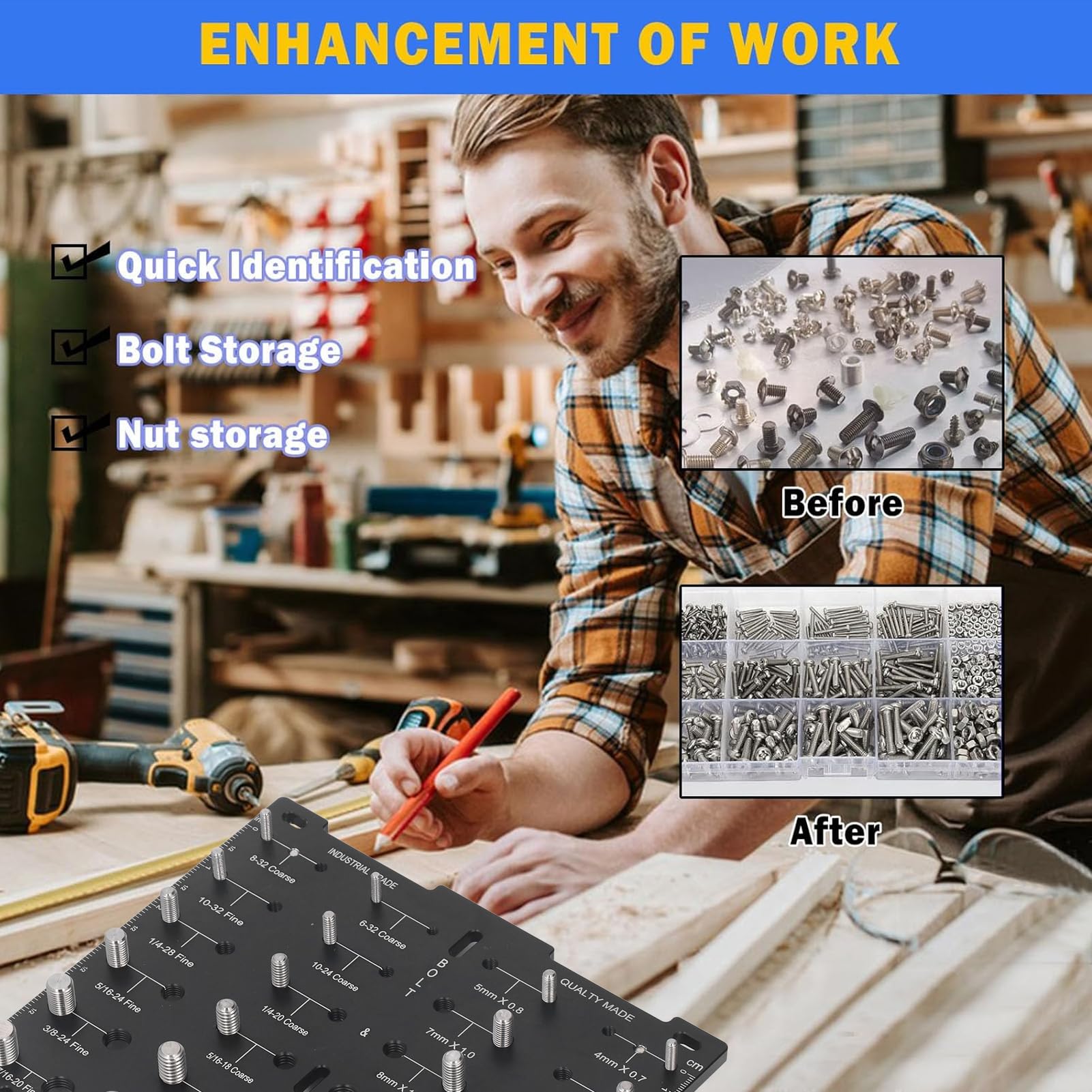 Nut and Bolt Thread Checker, Thread Checker, Aluminum Alloy Screw Identifier 28 Holes Metric and Thread Identification Board