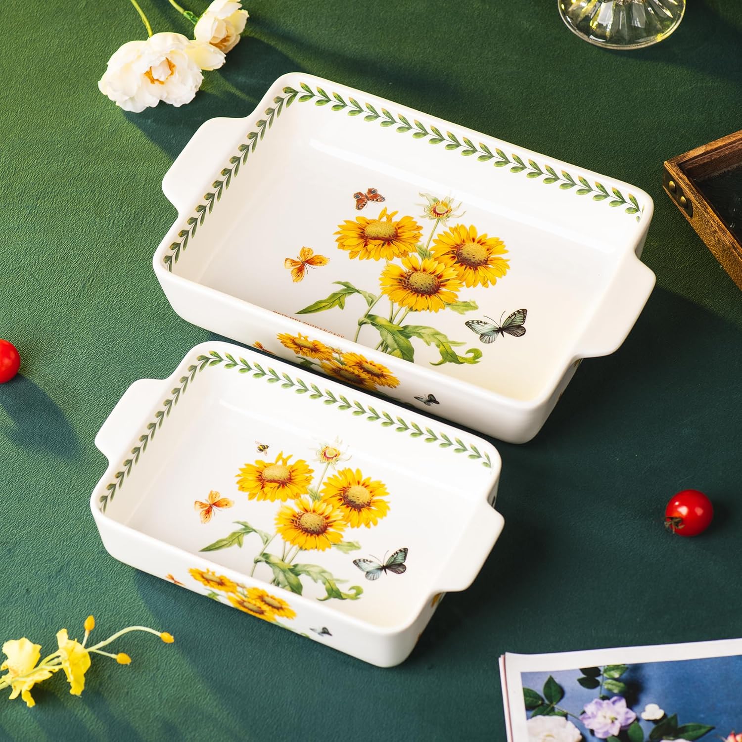 ONCCI In-Glaze Ceramic Baking Dish Set of 2 - Rectangular with Handles,Single Serving Size Casserole dishes 10.8*7.99in & 8.58*6.54inch Sizes - Oven Safe for Cooking, Baking, Casseroles - Dishwasher Safe(Sunflower)