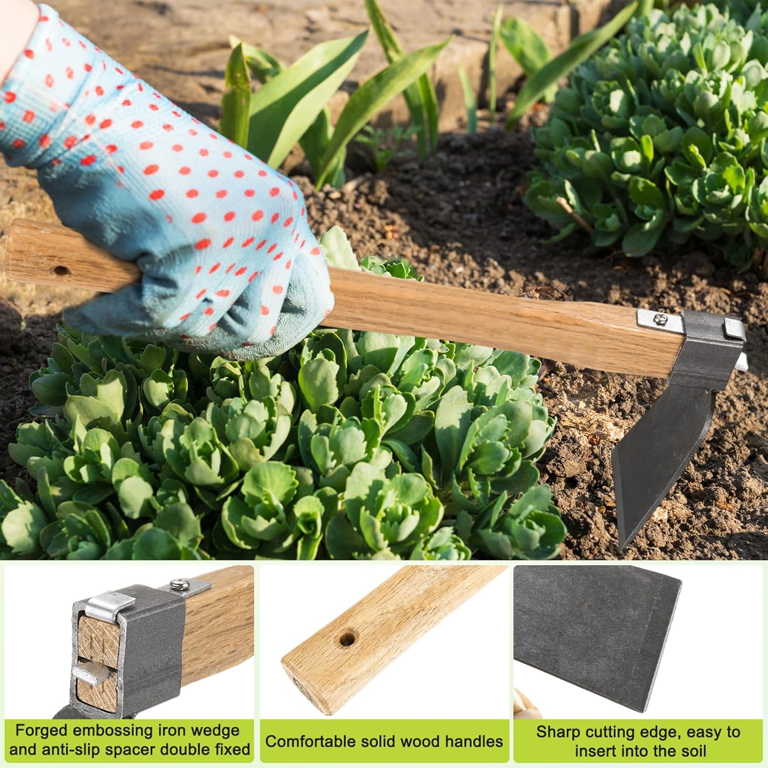 Heavy Duty Curved Hoe, 15.4 Inches Stainless Steel Mattock with Garden Hoe for Digging, Weeding, and Planting, Gardening Tool with Wooden Handle
