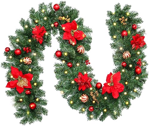 CEWOR Guirnalda de Navidad artificial de 9 pies para Navidad con 50 luces LED para decoración de interiores y exteriores, con flores de Pascua y