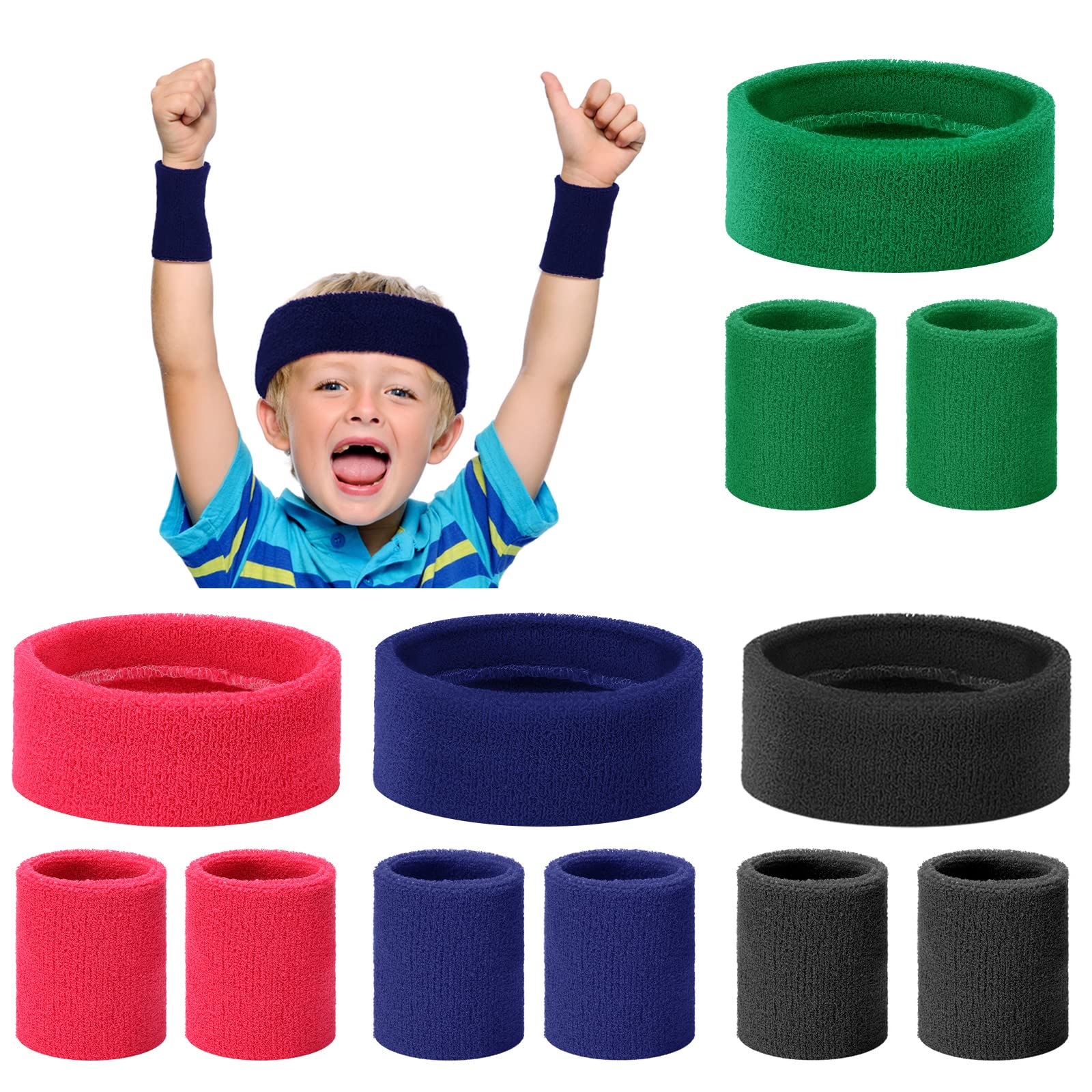 4 Sets Kids Sweatbands Sports Wristbands Headbands Set Terry Cloth Athletic Sweat Bands Colorful Forehead Sweatband for Kids Boys Girls Youth Basketball Tennis Soccer Working Out Running Gym