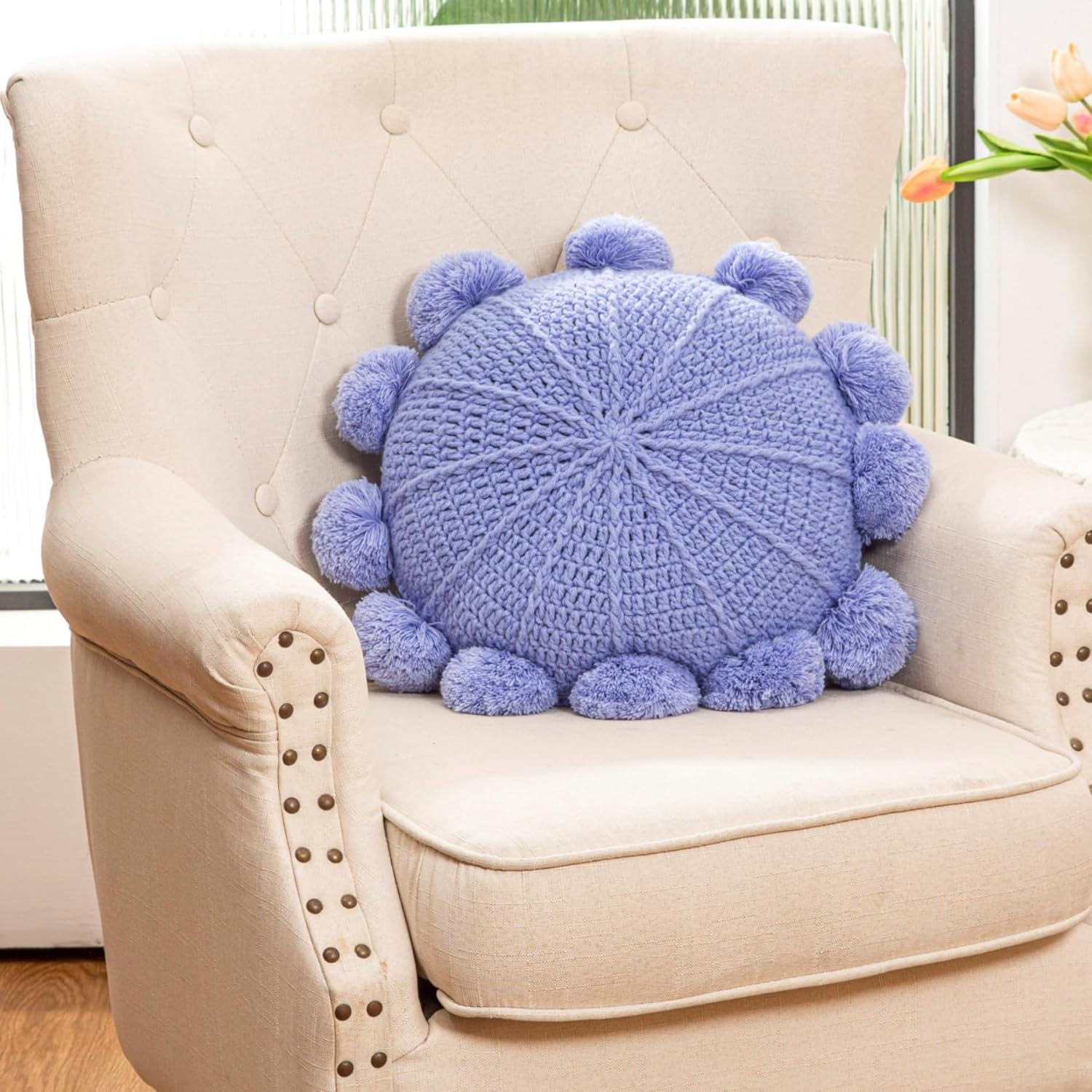 Knitted Throw Pillow Round Bohemian Round Pillow Decorative Pillow with Pom Pom (Purple, 18inch)