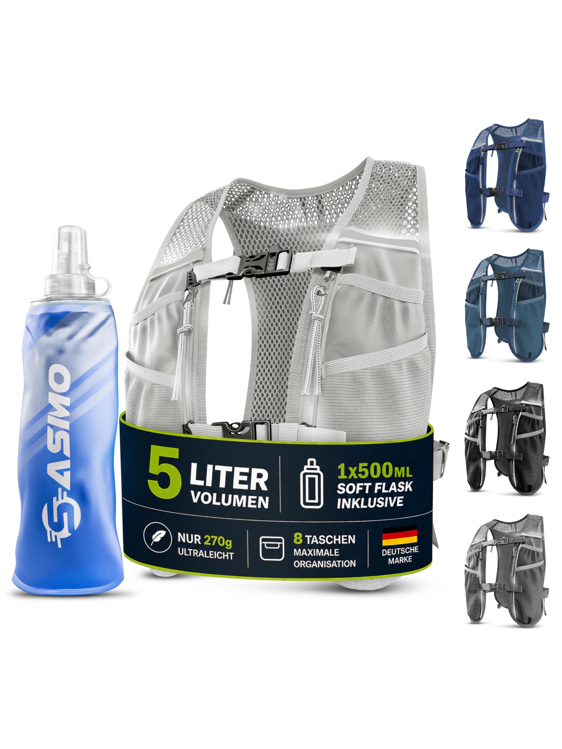 SASMO® Laufweste Damen & Herren 5L / 2L | Running Vest - Ultraleicht & atmungsaktiv| Laufrucksack Damen - 8 Taschen | Laufweste Herren | Trinkweste Laufen