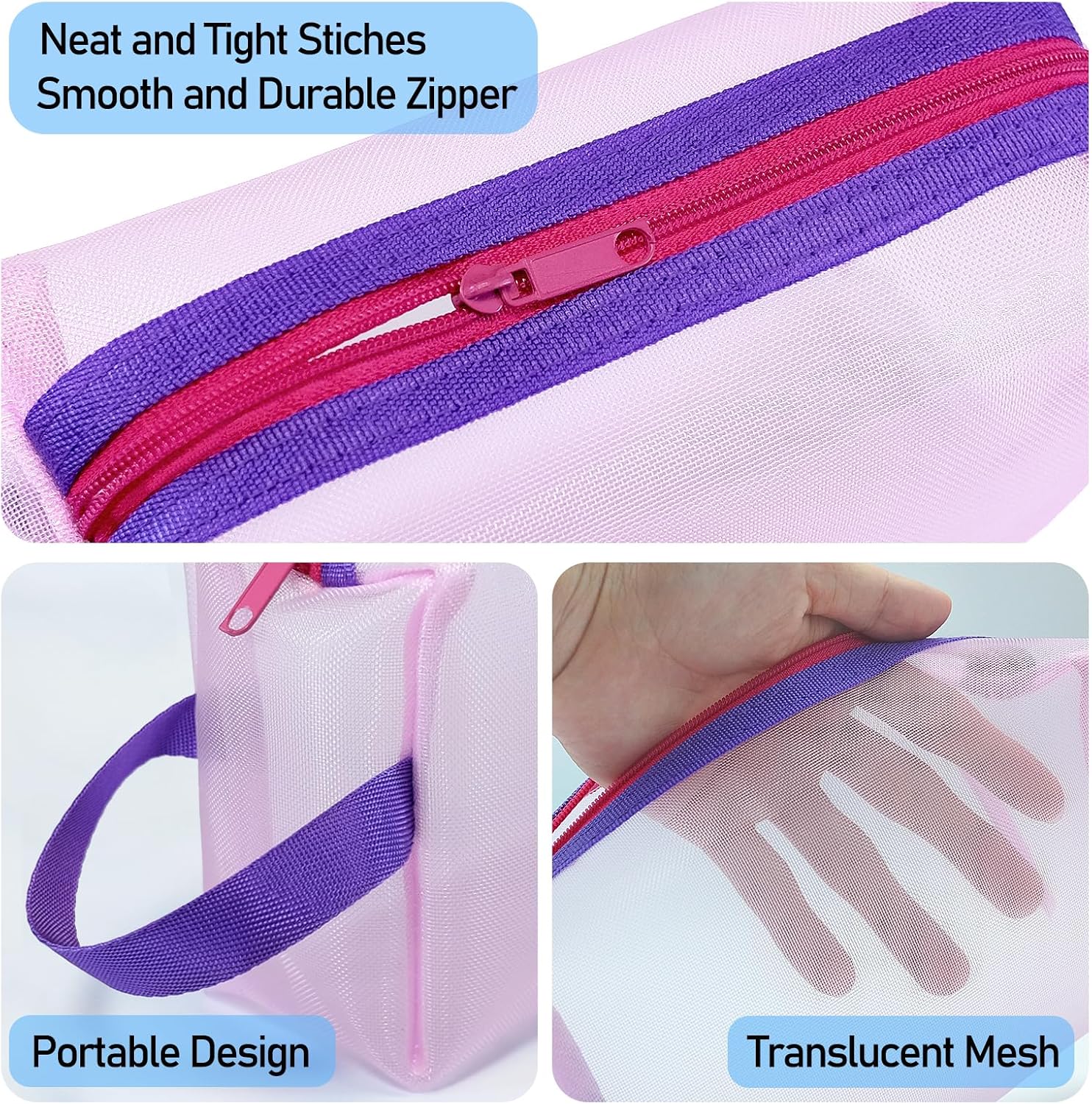 KELIFANG Transparent Mesh Pencil Case, Large Capacity Zipper Pouch Bags for Pen, Pencil, Marker Organization, Portable Makeup Organizer with Carry Handle, Multifunctional Pencil Box, Pink