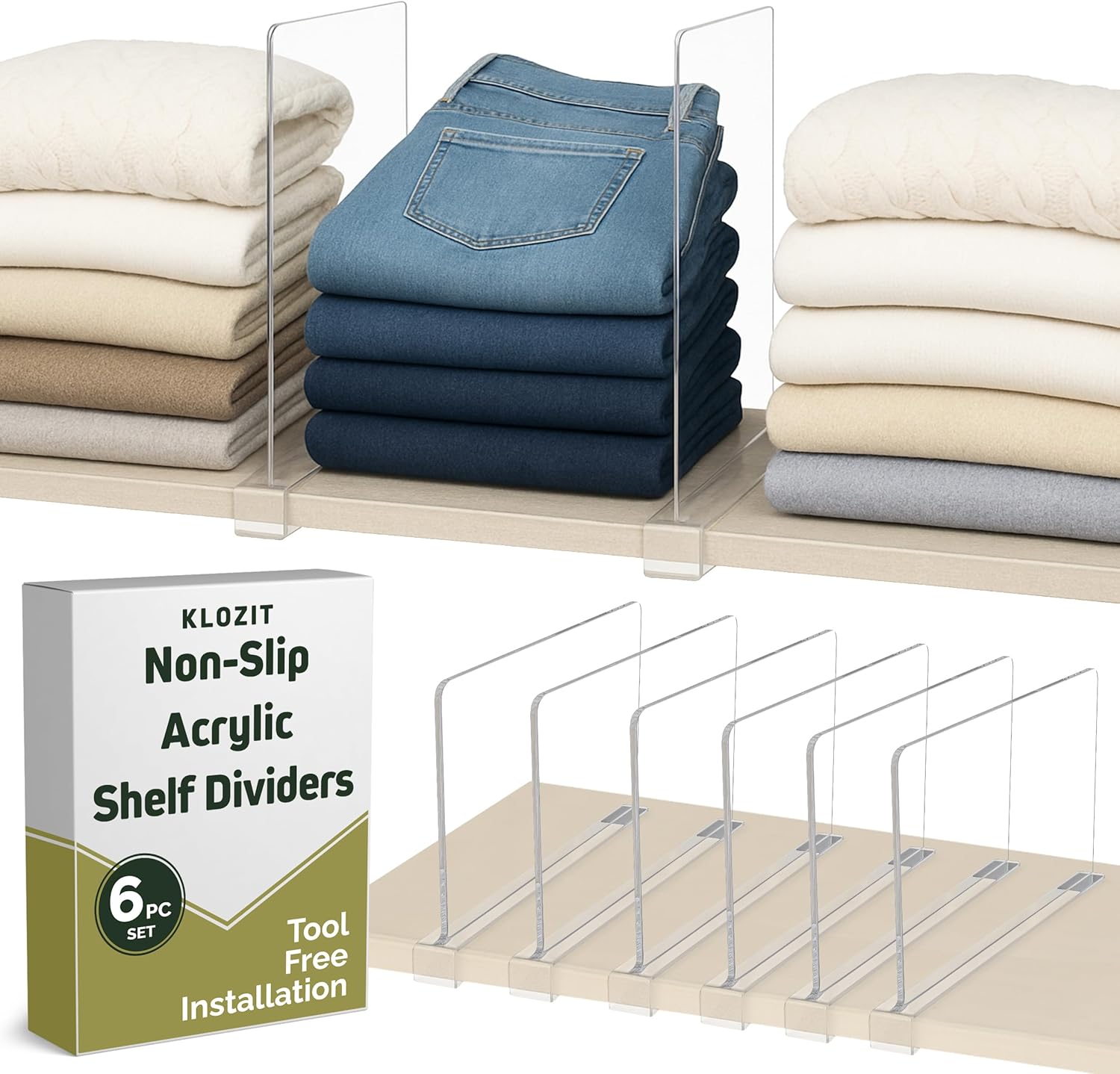6- Pack Clear Acrylic Shelf Dividers-Non-Slip Closet Organizers for Sweaters, Bags, Towels- Shelf Separators for Bedroom, Kitchen, Office