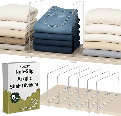 Paquete de 6 separadores de estantes de acrílico transparente, organizadores de armario antideslizantes para suéteres, bolsas, toallas, separadores
