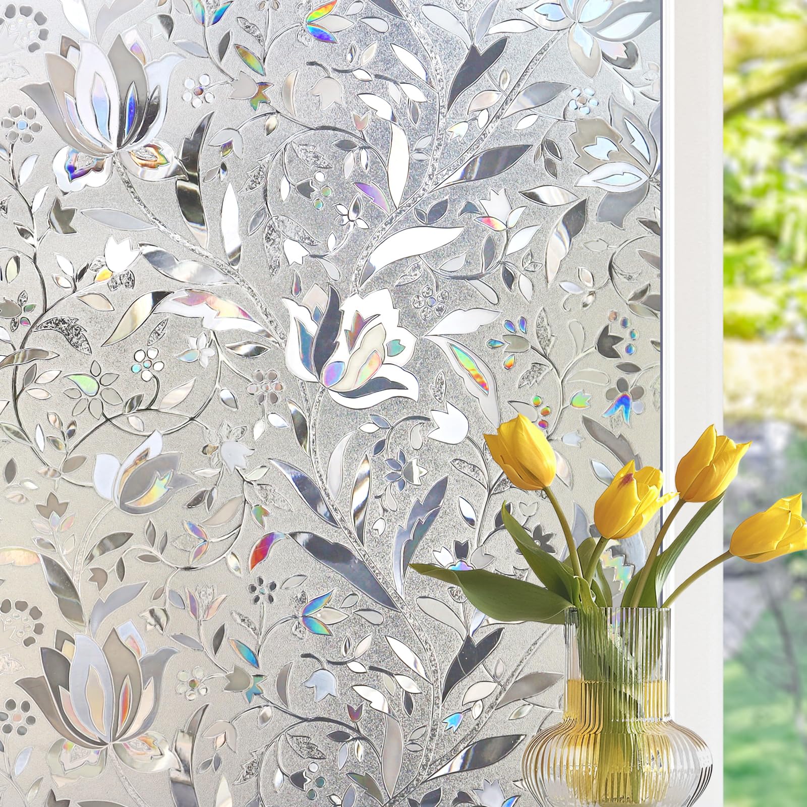 HIDBEA 3D Window Film Privacy, Static Cling Non-Adhesive Rainbow Stained Glass Patterned Window Clings, Opaque Decorative Removable Window Covering for Home Glass Doors, Tulip, 60x200cm — image 1