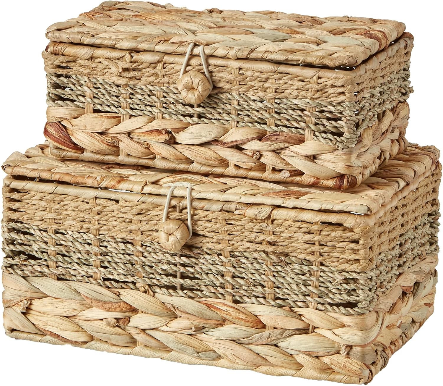 2PCS Wicker Storage Baskets with Lids Decorative Bohemian Handmade Rattan Boxes Natural Water Hyacinth Seagrass Paper Rope Woven Bins Shelf Container Memory Keepsake Photo Makeup Organizer