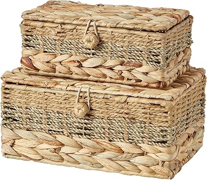 VinneGenzz 2PCS Wicker Storage Baskets with Lids Decorative Bohemian Handmade Rattan Boxes Natural Water Hyacinth Seagrass Paper Rope Woven Bins Shelf Container Memory Keepsake Photo Makeup Organizer