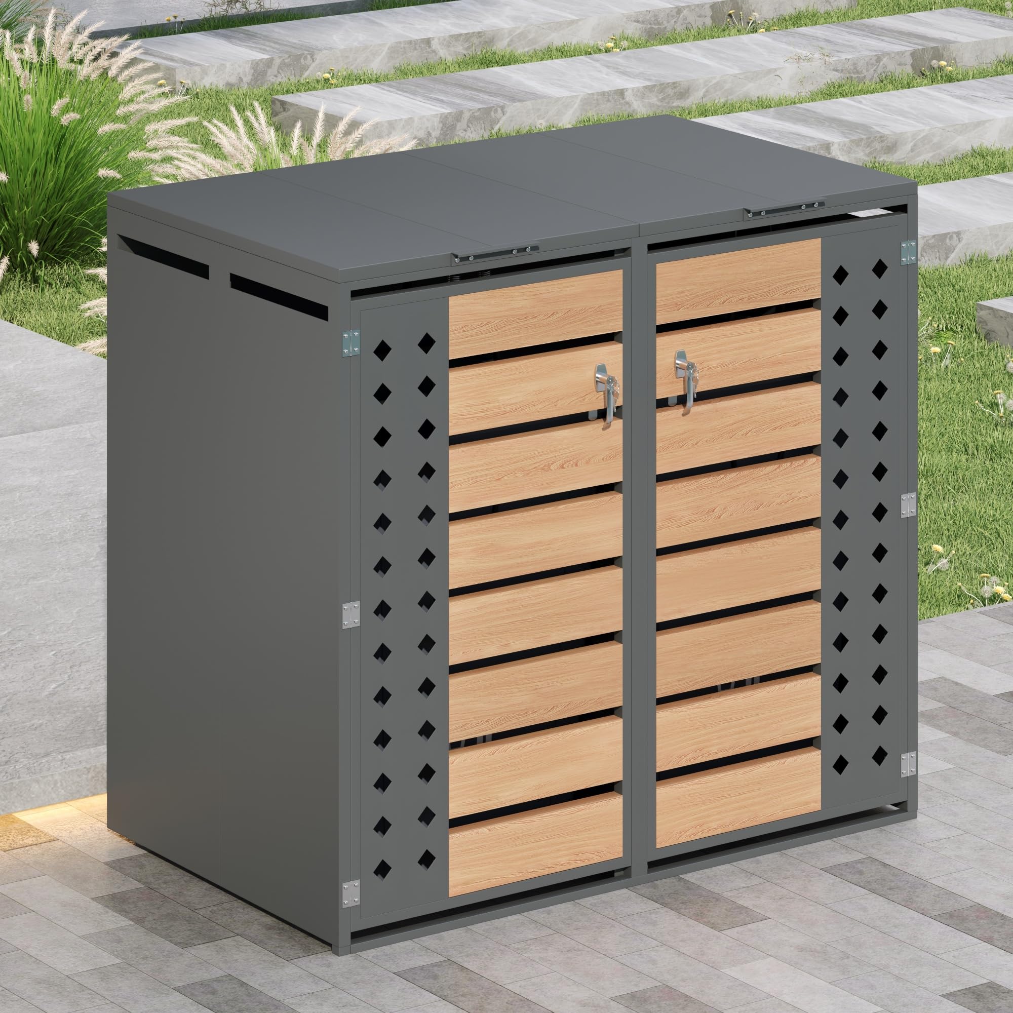 Box per bidoni della spazzatura, 2 pezzi, con effetto legno, strisce trasparenti e coperchio ribaltabile, fino a 240 l, richiudibile, in acciaio zincato, foro diamantato, scatola della spazzatura da