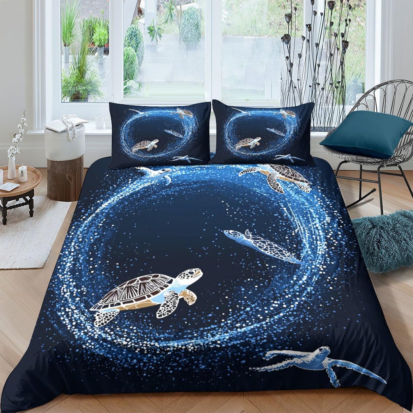 Ctjqhvkz Style-9 3D Printed Ocean Turtle Fitted Sheet Microfiber Soft Navy Blue Sea Wave Mattress Cover For Bedroom Dorm Decor Single（135X200cm）