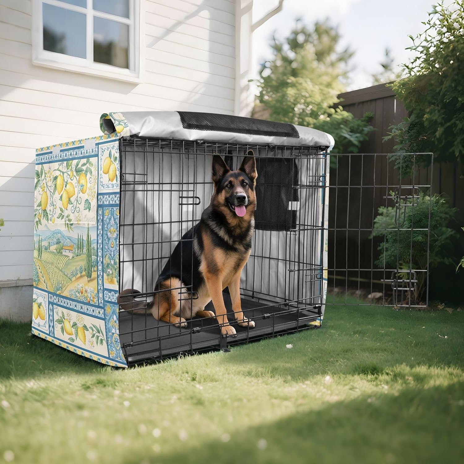 Farm Life Lemon Dog Crate Cover 600D Oxford Pet Kennel Cover with Mesh Window for Dog Cages, Windproof Waterproof Machine Washable, 42"x28"x30"