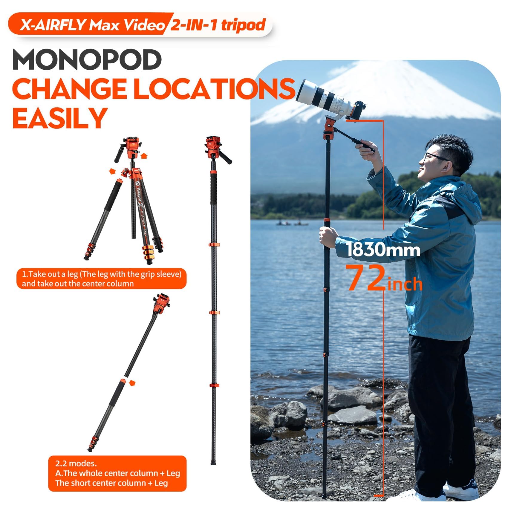 Fotopro X-AIRFLY Max Video 171cm Statyw z Włókna Węglowego – 28mm Rura, 36mm Głowica Kulista + Głowica Filmowa, 6kg, Metalowe Zaciski