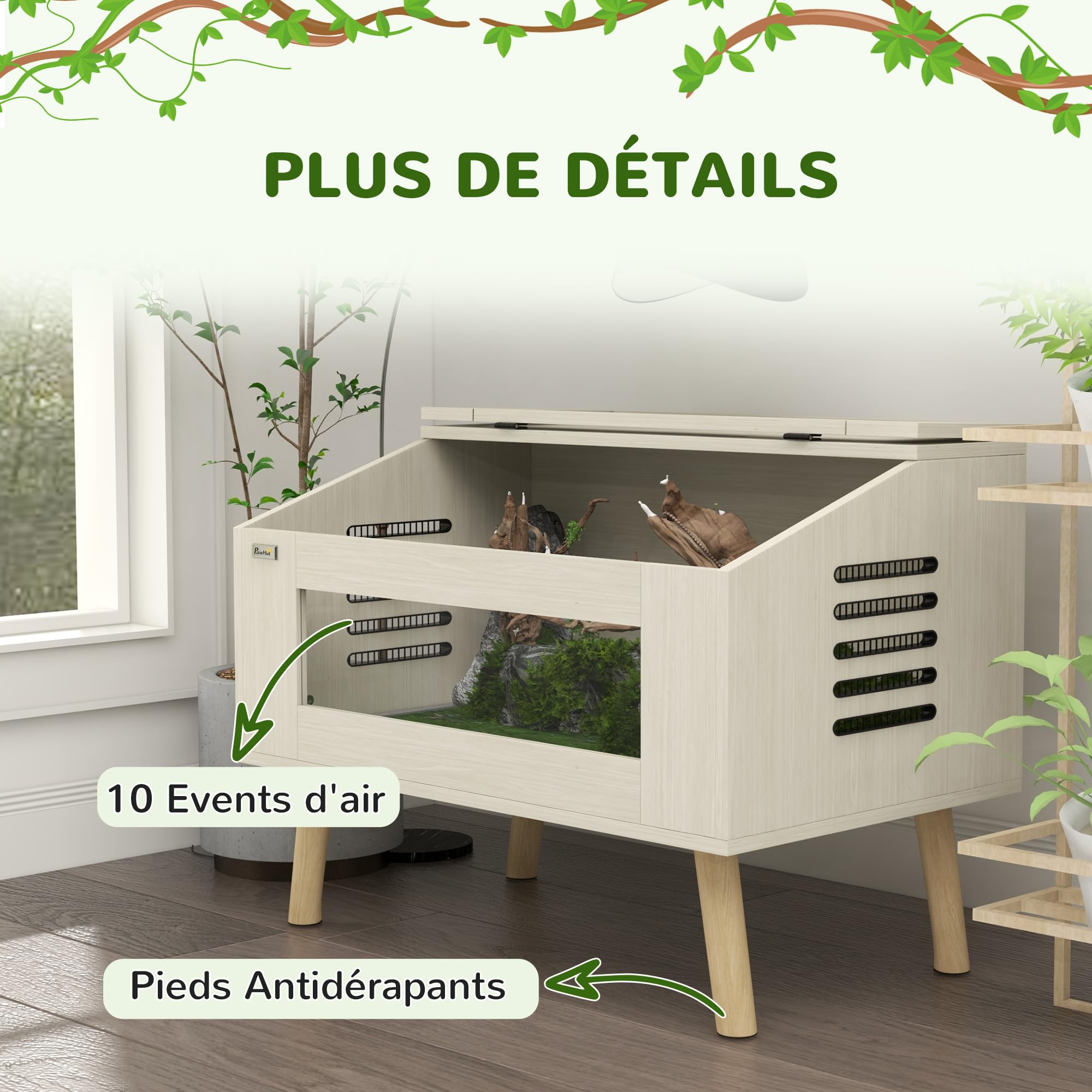 PawHut Terrario per rettili con ventilazione laterale, vivarium per serpenti da 111L con finestre in vetro temperato, coperchio, 80 x 50 x 60 cm legno naturale
