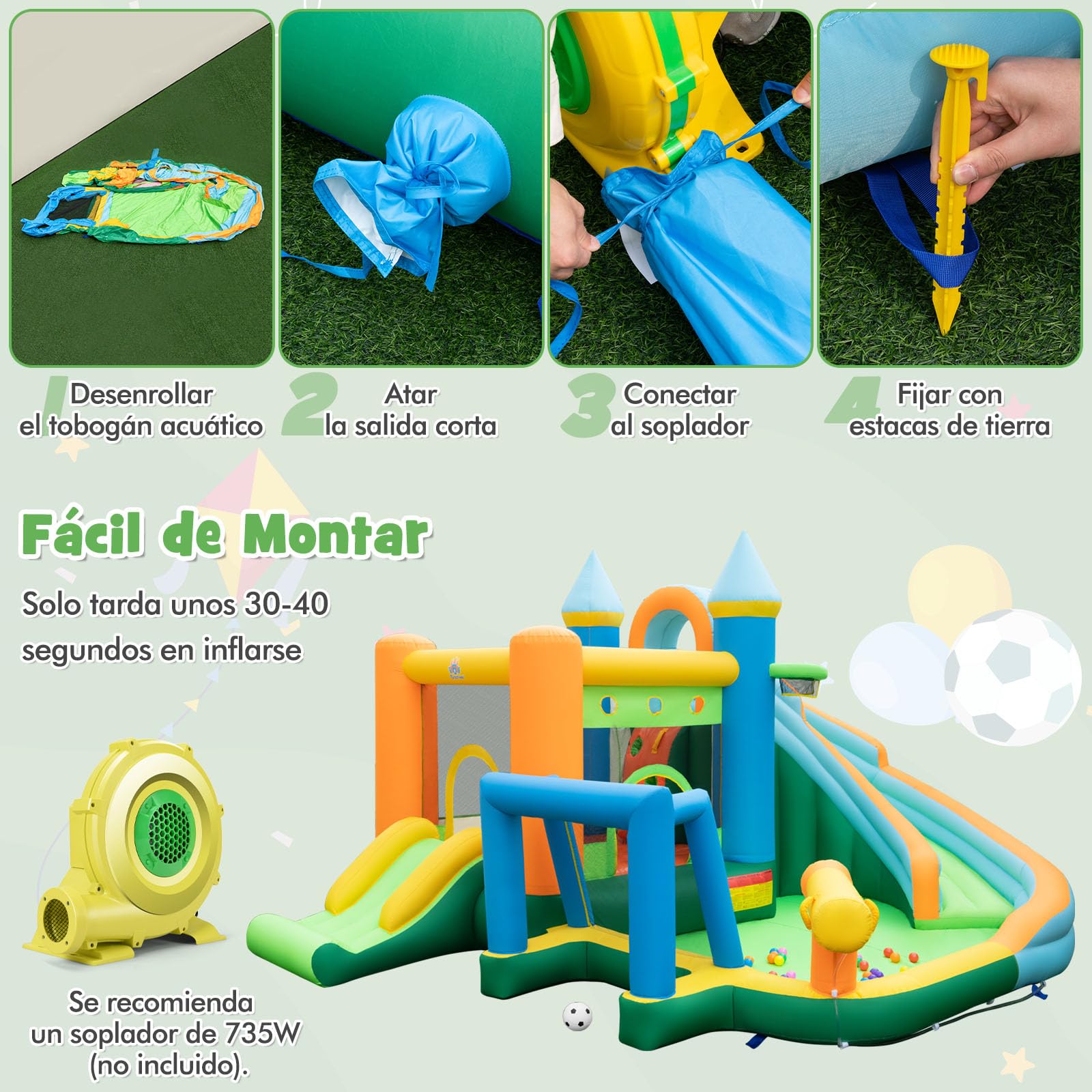 GOPLUS Castillo Hinchable Acuatico para Niños de 3-12 Años, Castillo Inflable 2 en 1 con Pared de Escalada, Cañón de Agua, Piscina, Baloncesto y Tobogán, Casa Inflables Infantil (A Sin Soplador)