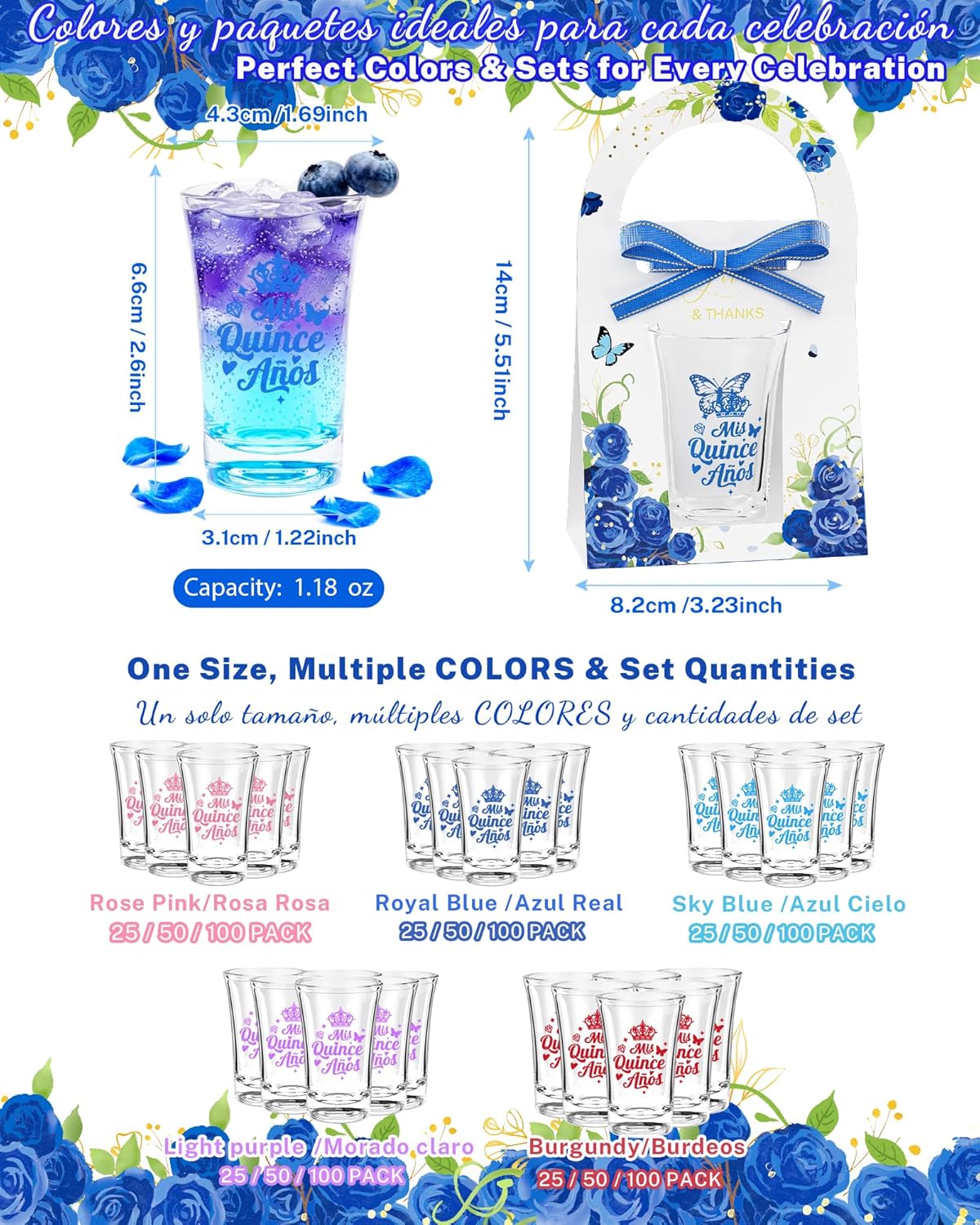 Quinceanera Party Favors for Guests-50 Sets 1.18oz Quinceanera Acrylic Clear Shot Glasses Bulk With Gifts Boxes Mis Quince Anos Quinceanera Sweet 15 Birthday Party Favors-Royal Blue