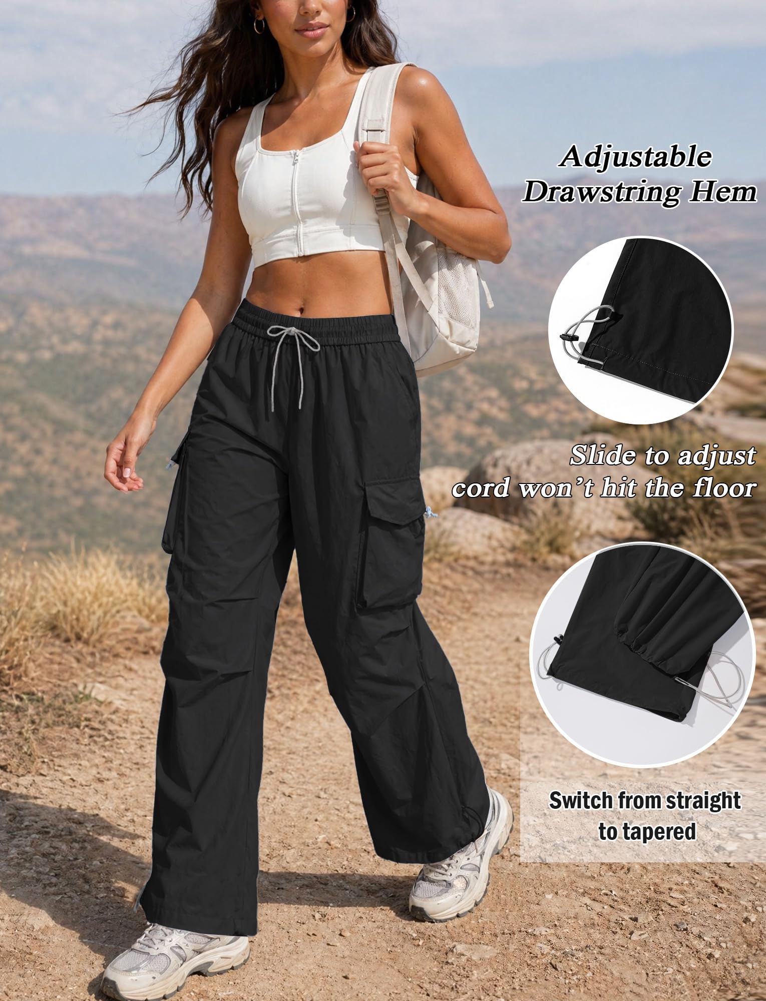 FEOYA Pantalon de randonnée pour femme - Imperméable - Séchage rapide - Pantalon d'extérieur - Jambe large - Pantalon cargo - Baggy - Pantalon parachute - Taille haute - Pantalon de trekking