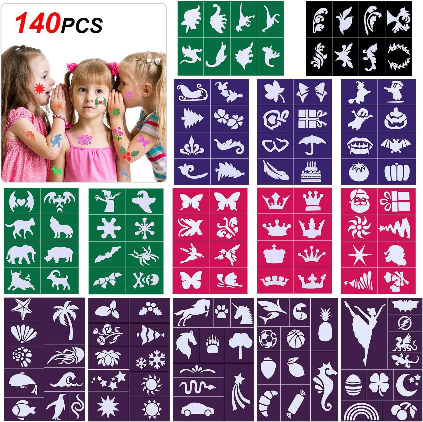 HOWAF 15 Large Sheets Glitter Tattoo Stencils for Kids, Face Paint
