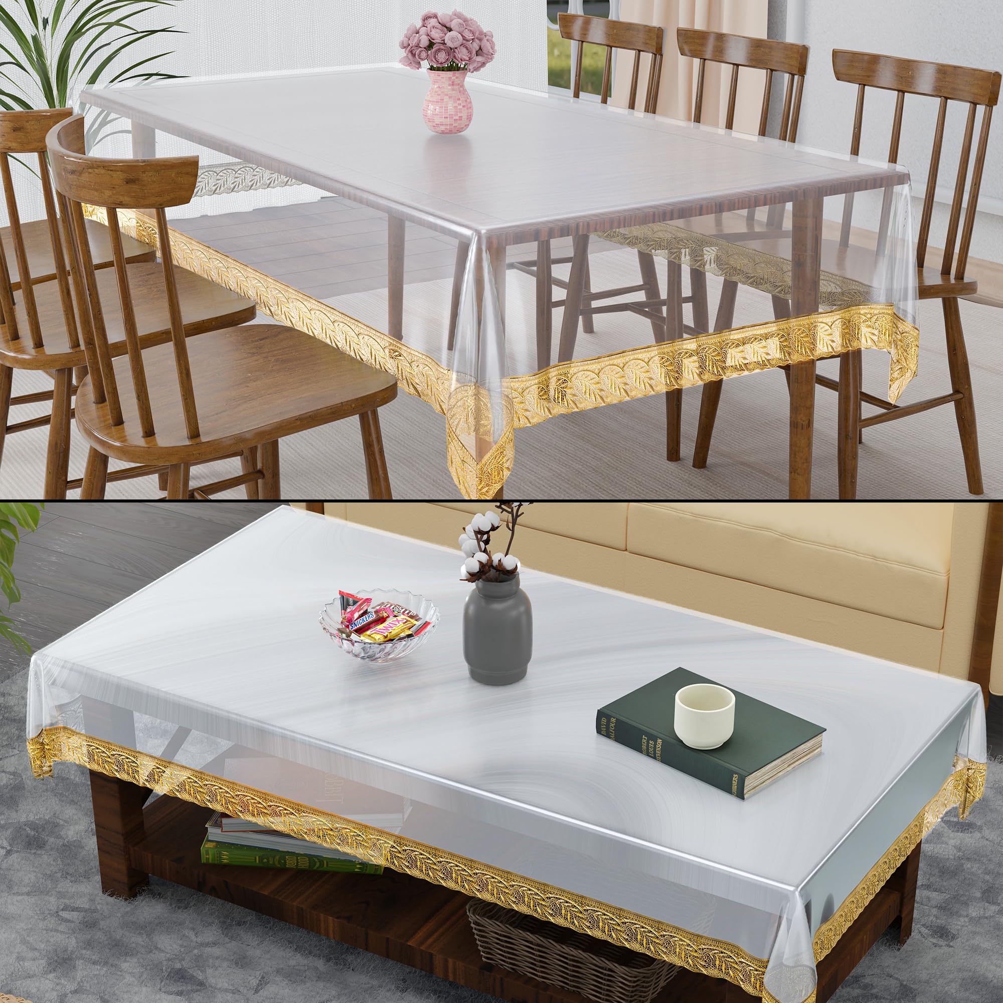 Kuber Industries 2 Pcs Themed Combo Set – 6 Seater Dining Table Cover & 4 Seater Center Table Cover | Same Design Pair of Teapoy Table Cloth & Dinner Table Sheet | Golden Lace Champagne - Transparent