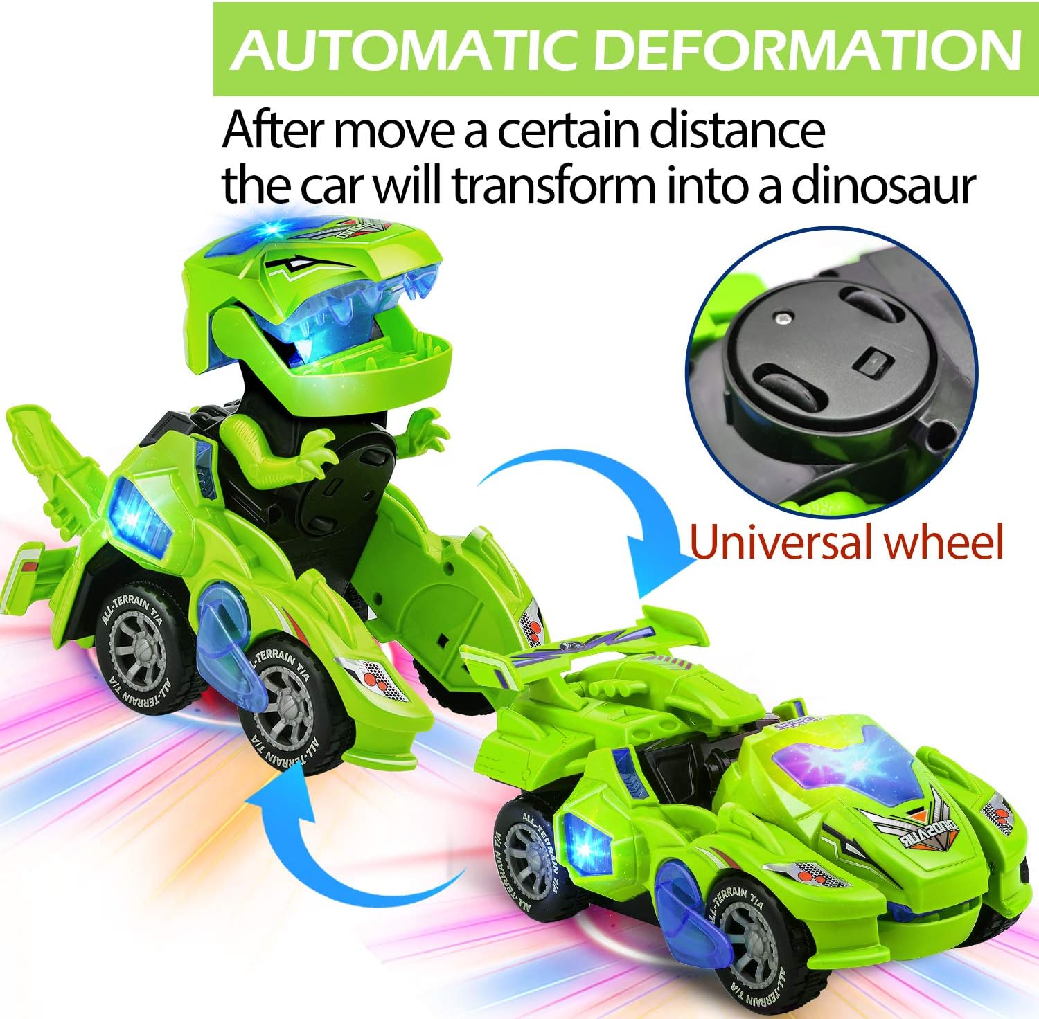 Transforming Dinosaur Car with LED Light Music Automatic Deformation Dino Race Car Toys for Kids Boys Girls Toddlers 3 Year Old and Up Birthday