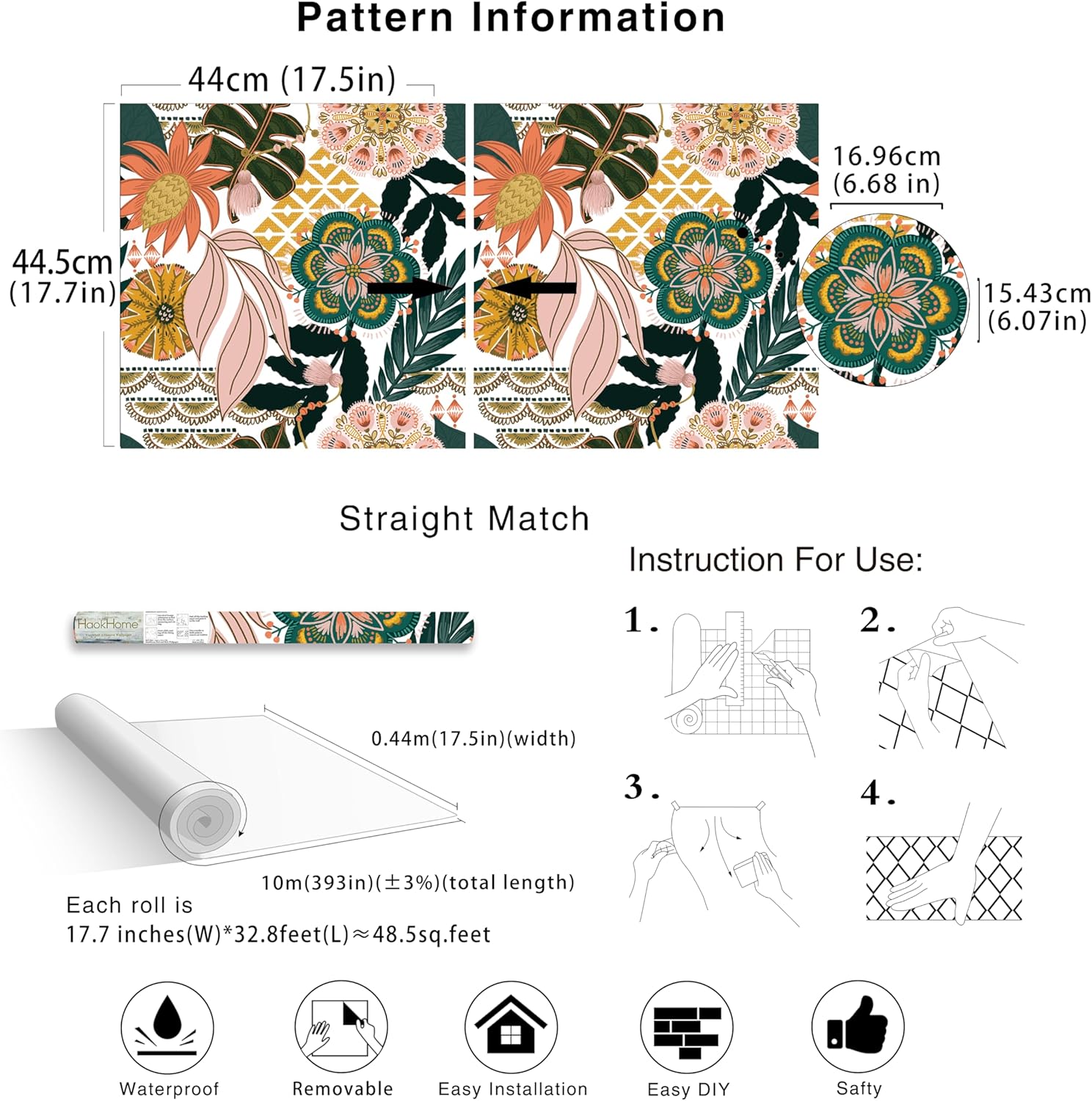 HAOKHOME Boho Peel and Stick Wallpaper Tropical Floral Removable Contact Paper Stick on Wallpaper White/Pink/Green for Accent Wall Living Room17.3in x 32.8ft