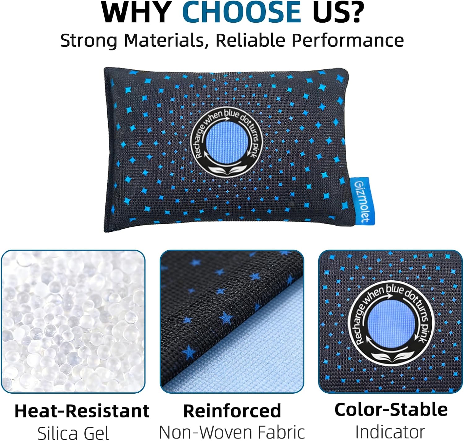 250g (4 Pack) Rechargeable Desiccant Packs for Storage, Color Indicating Moisture Absorbers with “S” Hook Hanging, Silica Gel Packets for Closets, 3D Filament, Gun Safe, Electronic, Toolbox, Safe