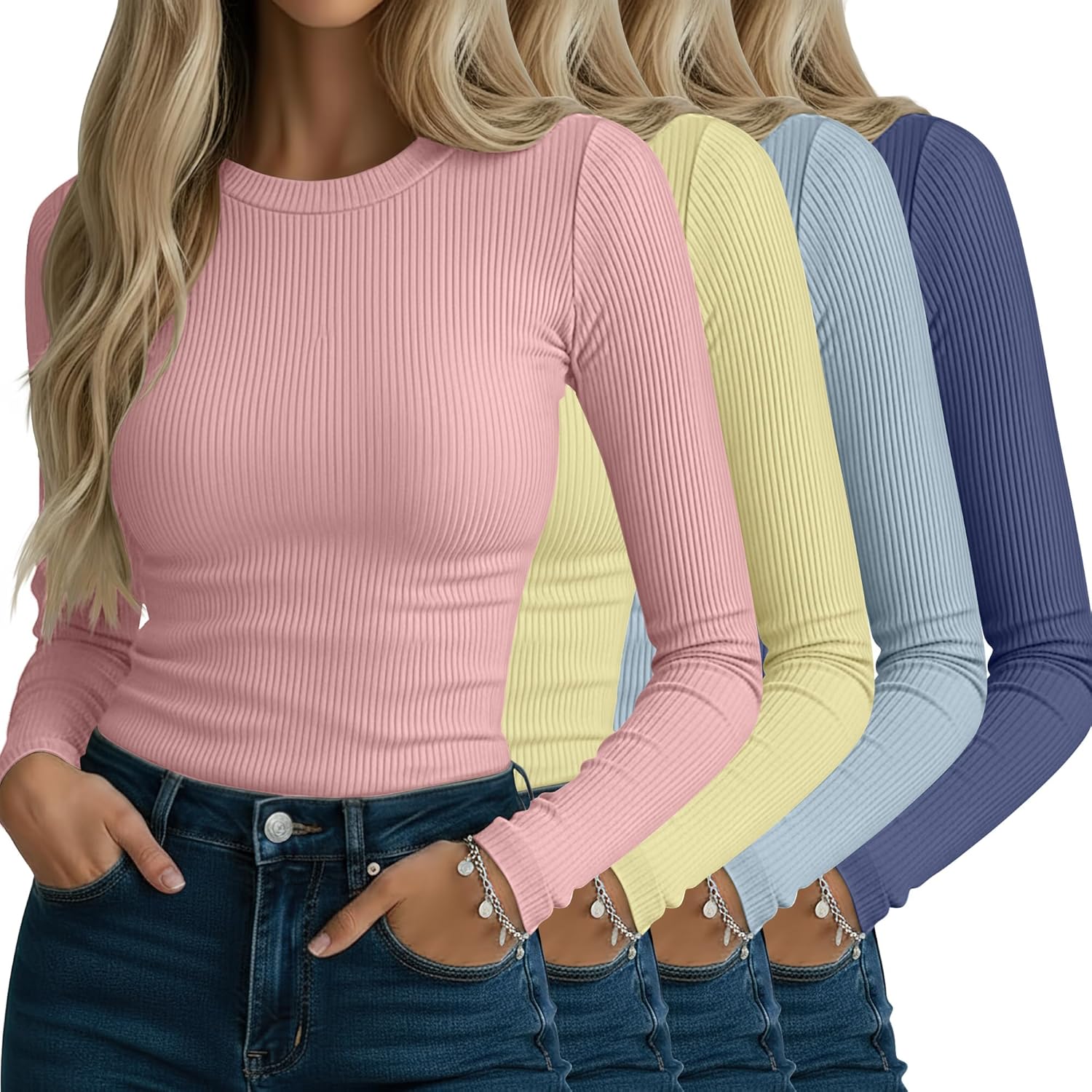 Neer 4 Pack Women's Ribbed Long Sleeve Shirts, Cotton Crew Neck Slim Fit Tops Stretch Knit Casual Base Layer Basic Tee Shirts