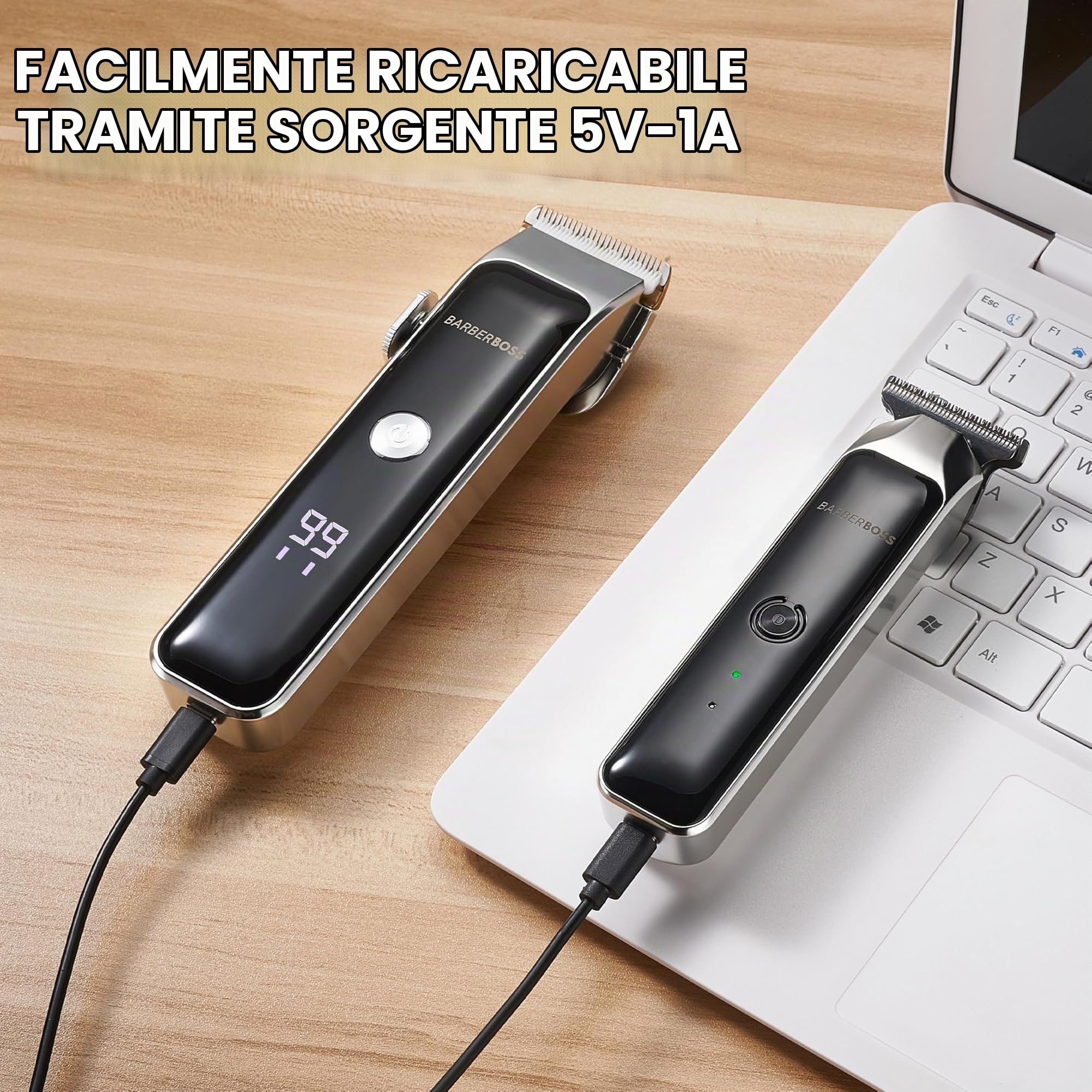 BarberBoss regolabarba portatile da uomo, modello Duo, regolabarba professionale da uomo, lama in ceramica autoaffilante, quadrante di precisione, ricarica USB e display LED, QR-2682