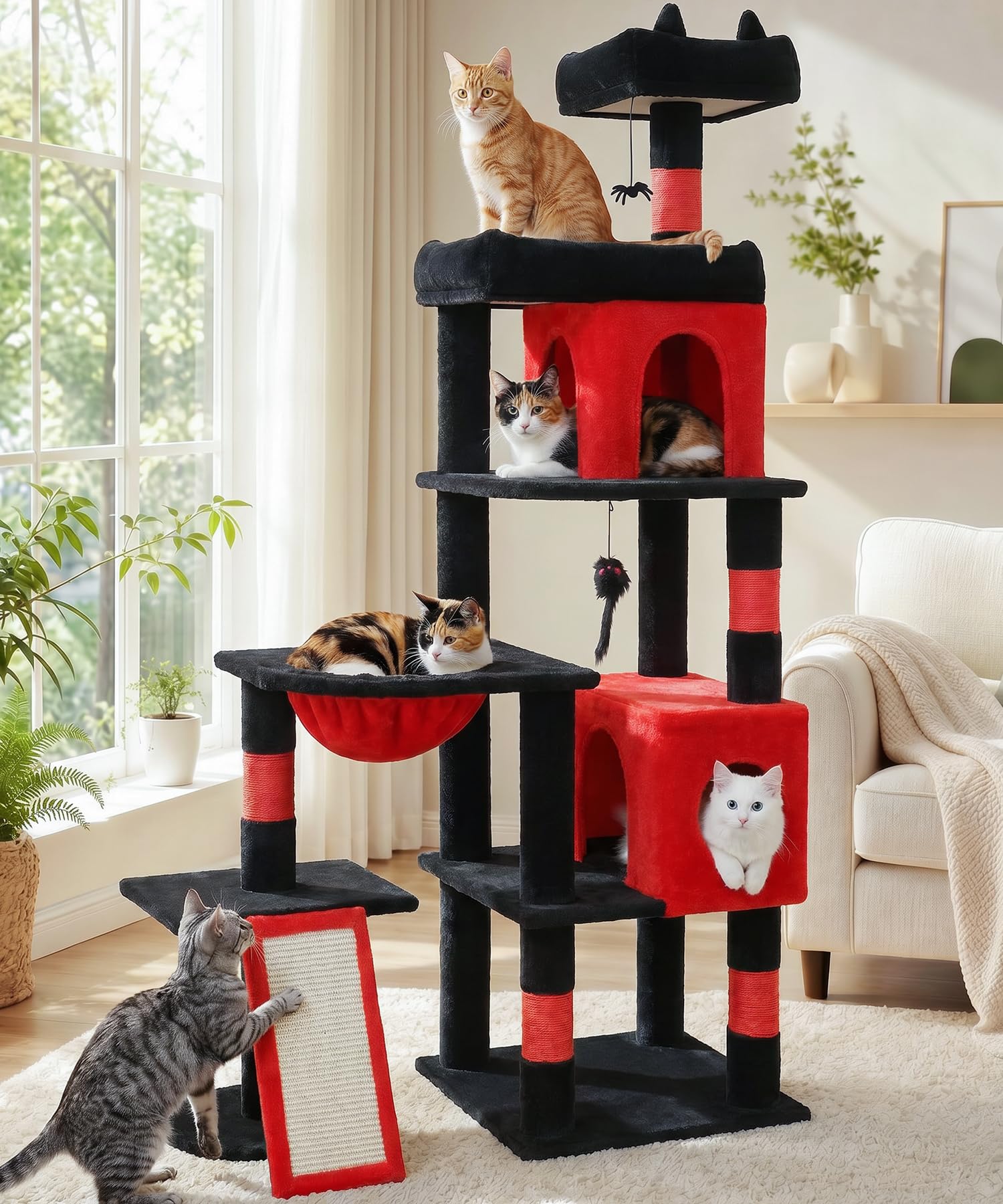 LIKISAK Cat Tree, 173cm Large Cat Tower for Indoor Cats, Multi-level Cat Tree Tower for Big Cats with Sisal Scratching Posts, 2 Cozy Condos, Scratching Ramp, 2 Platforms, Basket, Black Red PMT02RD