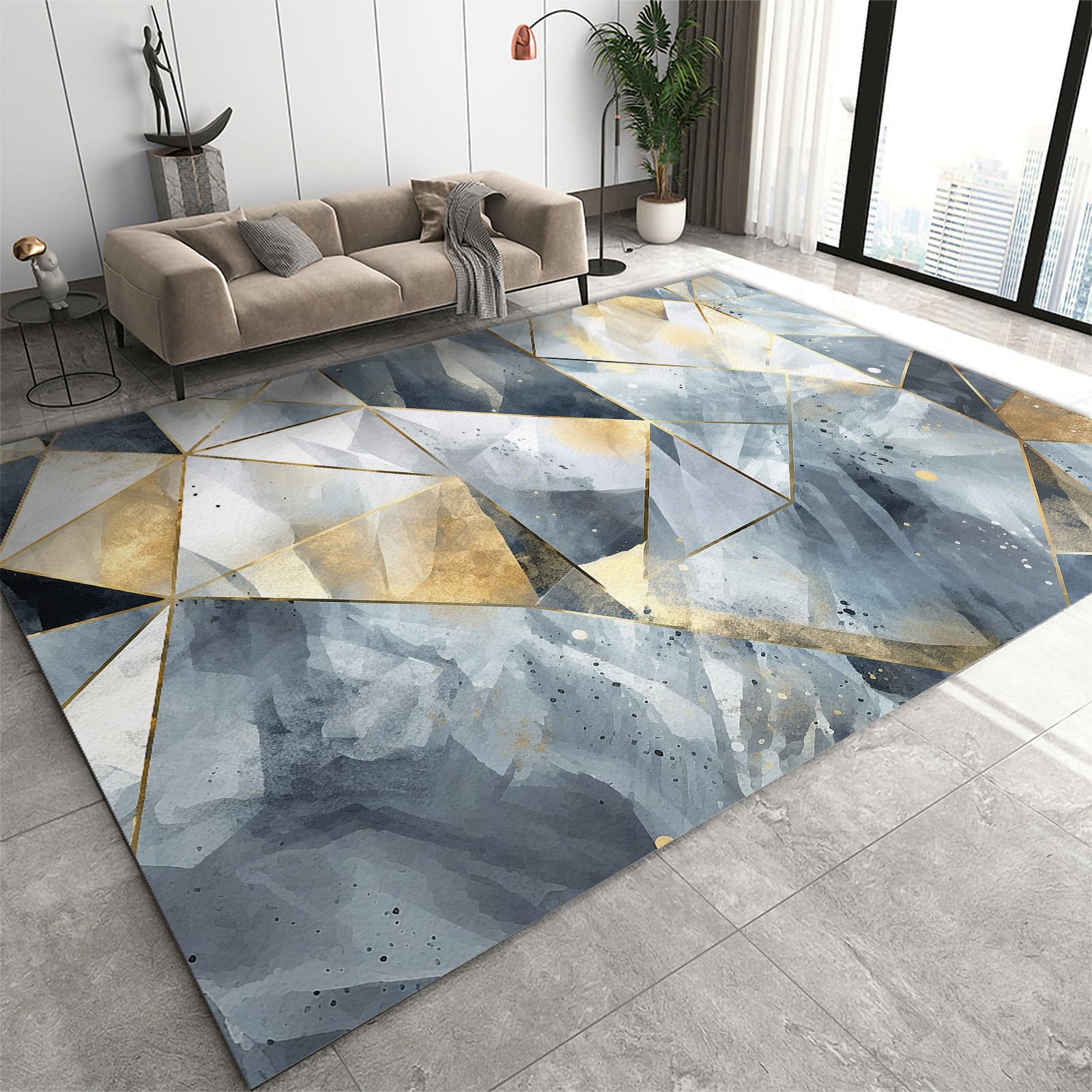 QDJKBL Area Rugs 140 x 200 cm Gold Grey Abstract Marble, 3D Geometric Polygonal Lines Entrance Carpet, 3D Carpet Non-Shedding Easy Cleaning for Bedroom Living Room