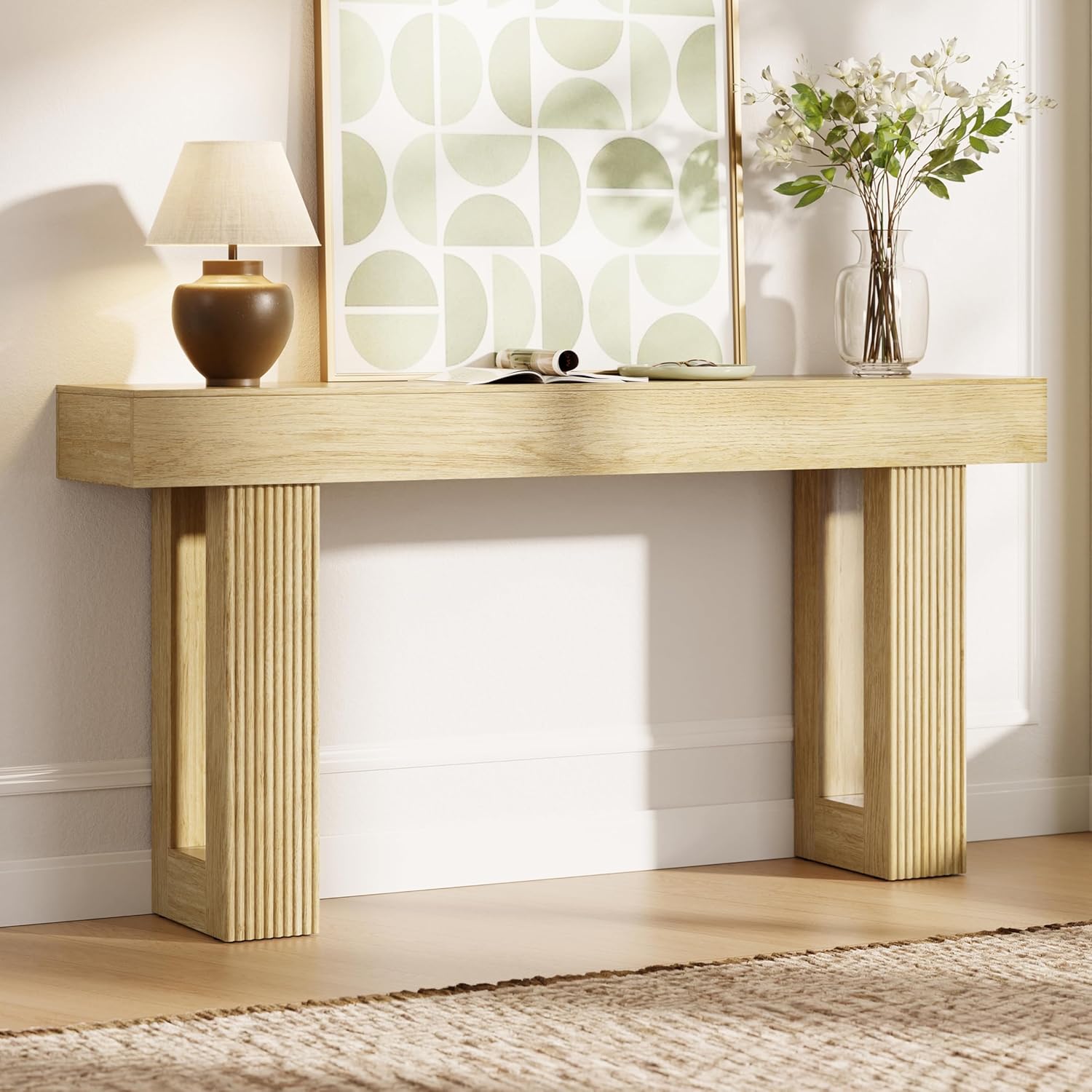 63" L x 33" H x 12" D Fluted Console Table, Modern Japandi Ribbed Entryway Table, Extra Long Sofa Table Behind Couch, Chunky Wood Hallway Table for Living Room, Oak Natural