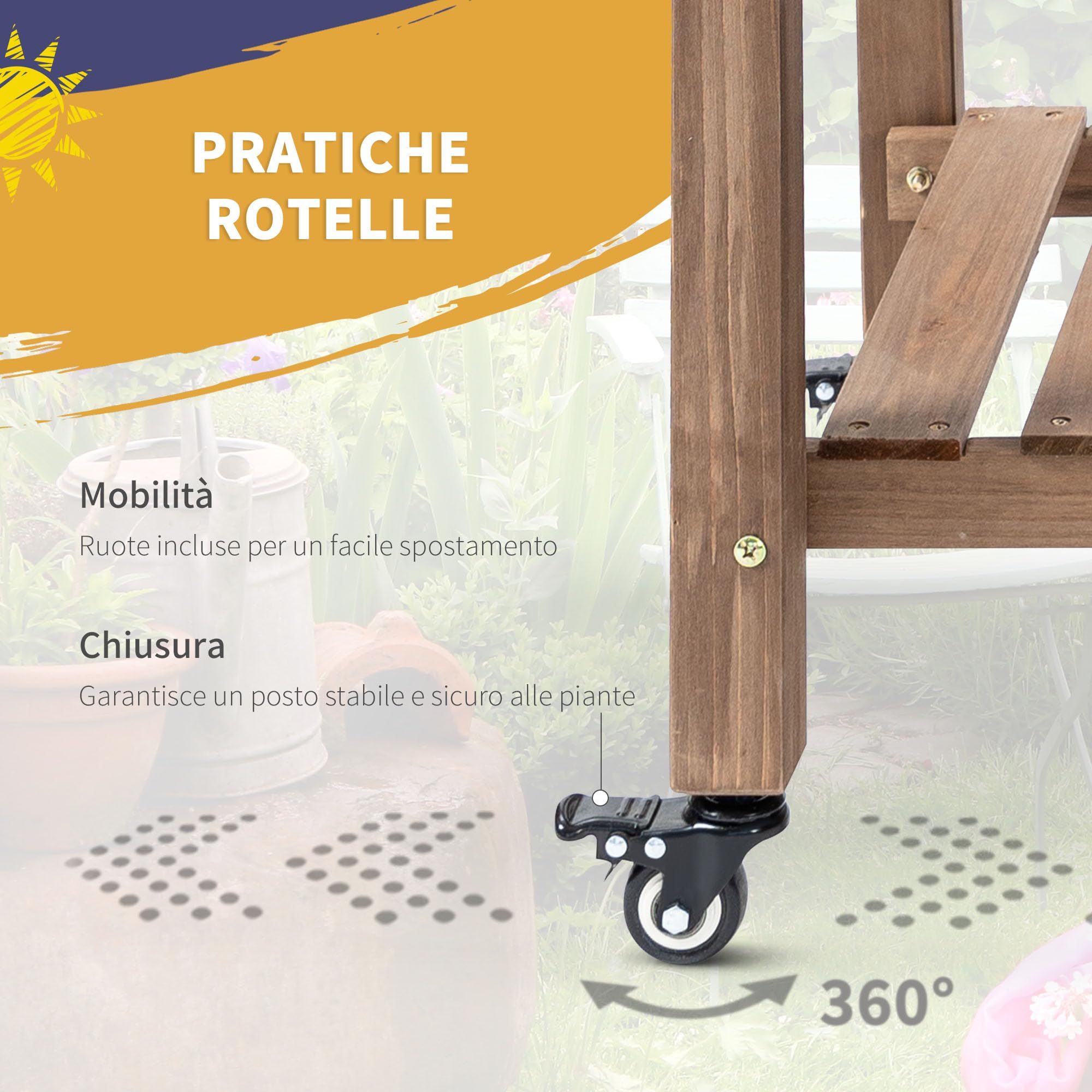 Outsunny Letto per Orto Rialzato a 8 Scomparti con Ruote, Ripiano Laterale e Mensola Inferiore a Doghe, Fioriera Rialzata da Esterno in Abete con 4 Fori di Drenaggio, 123x54x87cm, Caffè Scuro