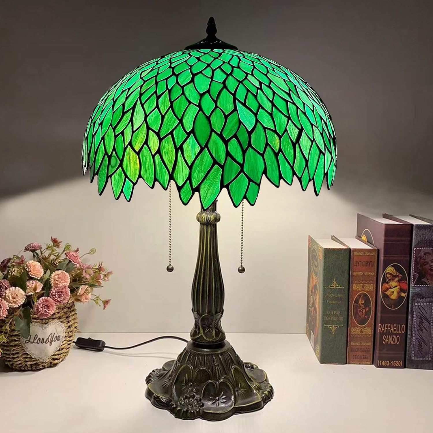 Tiffany Lamp Shade Replacement, W16H9 Inch Stained Glass Wisteria & Leaves Style Lampshades, Only Handmade Retro Cover Replacement for Table Lamp Pendant Light Floor Lamp Ceiling Fixture,Green