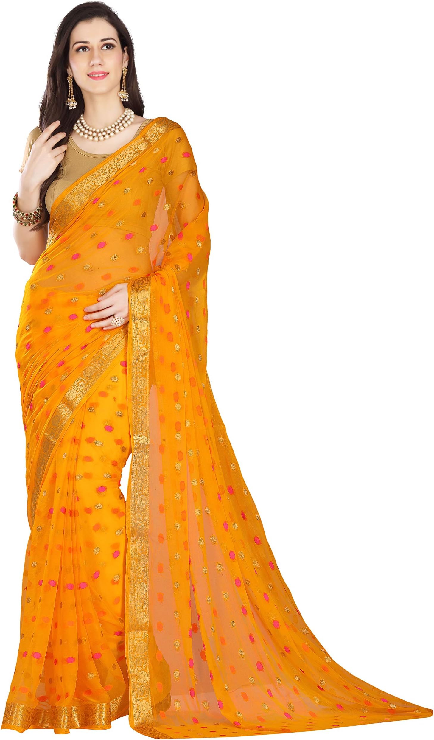Women's Chiffon Saree With Blouse Piece, Gold, 5.4 Meters