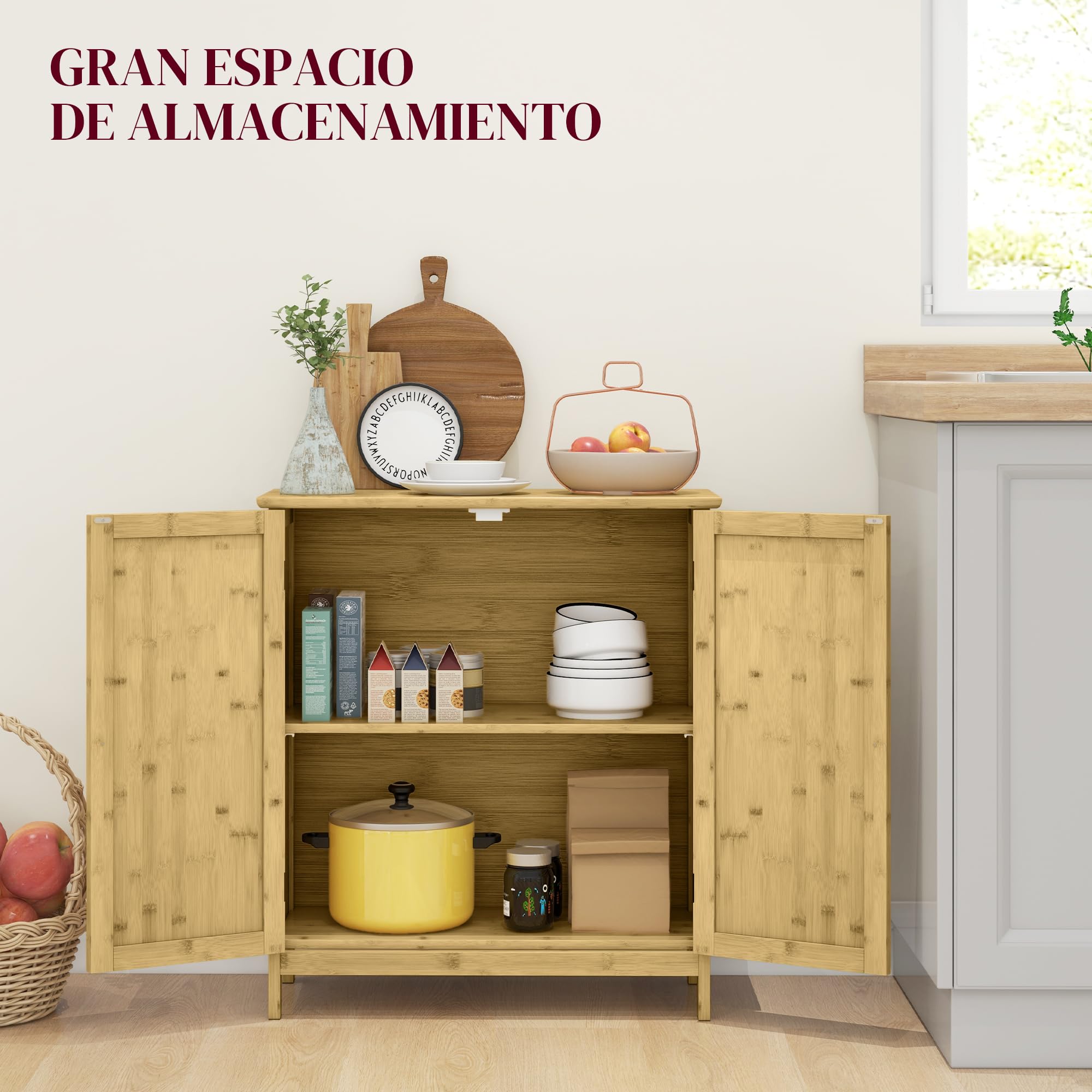 HOMCOM Aparador de Bambú de 2 Puertas con 2 Estantes 60x27x67,5 cm Natural | Aparador de Salón Bohemio, Entrada, Cocina, Dormitorio
