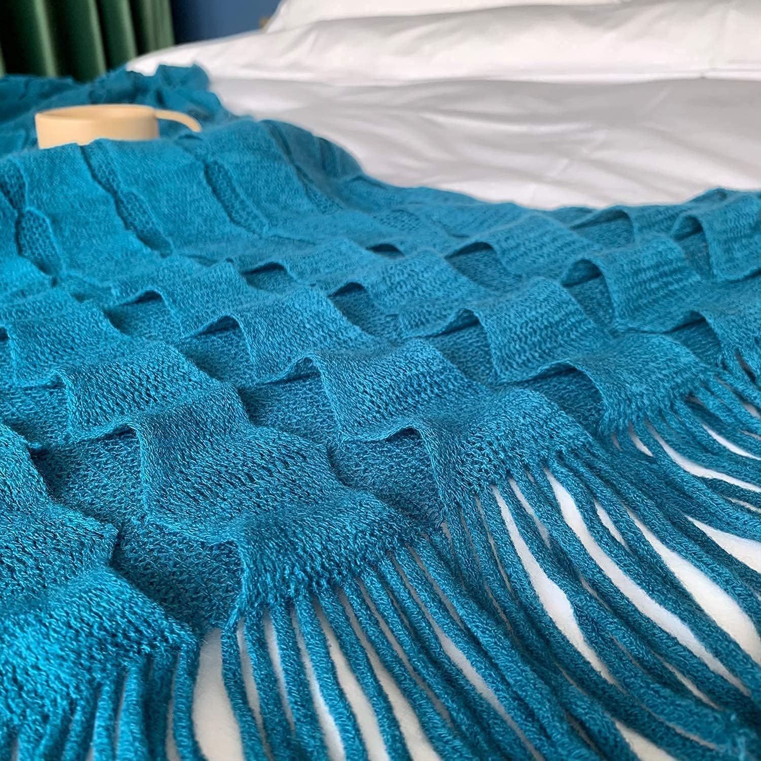 DISSA Knit Blanket Woven Blanket Throws for Sofa Throws for Couch Blanket Cover Boho Throw Blanket for Bed Cozy Super Soft Solid Plush Decorative Throw Blanket with Tassels (Teal, 50"x60")