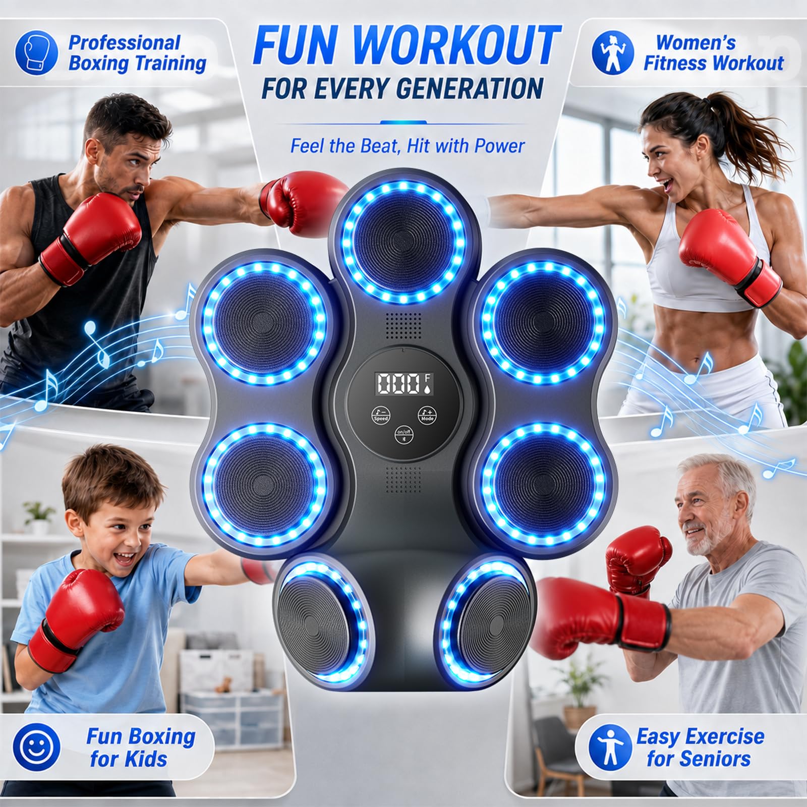 Music Boxing Machine, macchina da boxe con musica e 2 paia di guanti da boxe | 7 obiettivi di percussione, 11 modalità, macchina elettronica musicale per bambini e adulti, allenamento a casa e in palestra