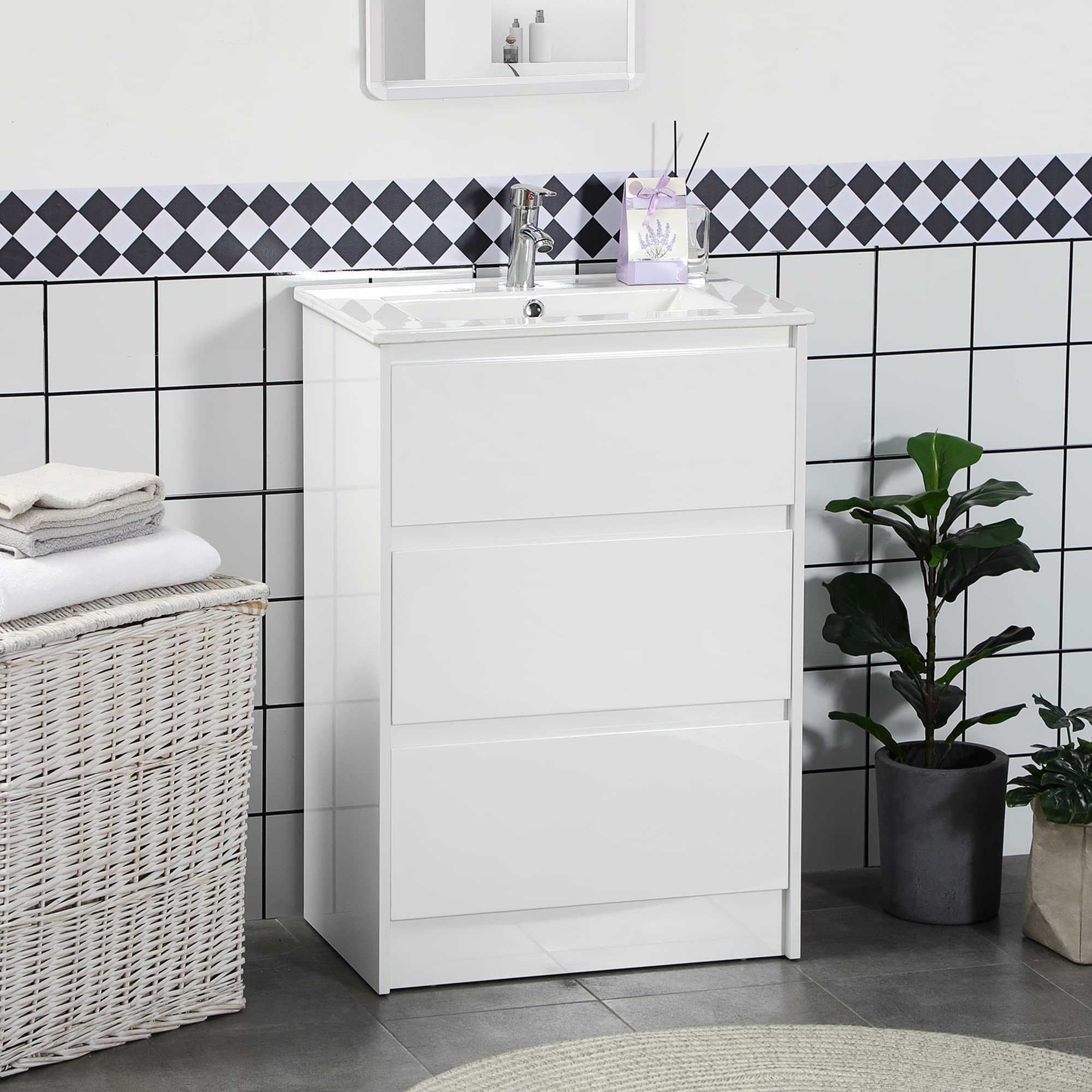 Kleankin Mueble Bajo Lavabo de Baño Con 2 Cajones, Armario de Cerámica Sintética 61x37x88 cm Blanco Brillante