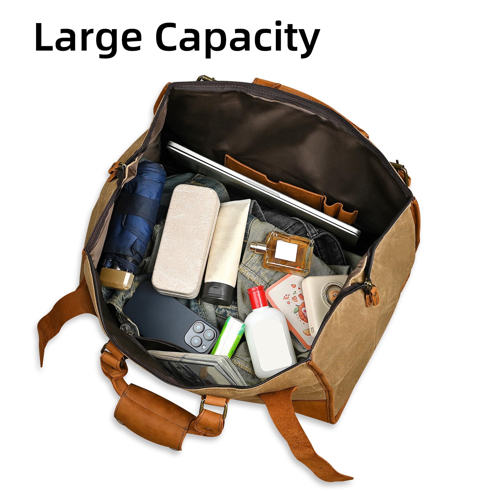 Wasserabweisend Canvas Crazy Horse Leder Reisetasche 35L Trim Unisex Handgepäck Weekender Tasche Sporttasche für Reise Wochenende Urlaub FB8151 (Hellbraun)