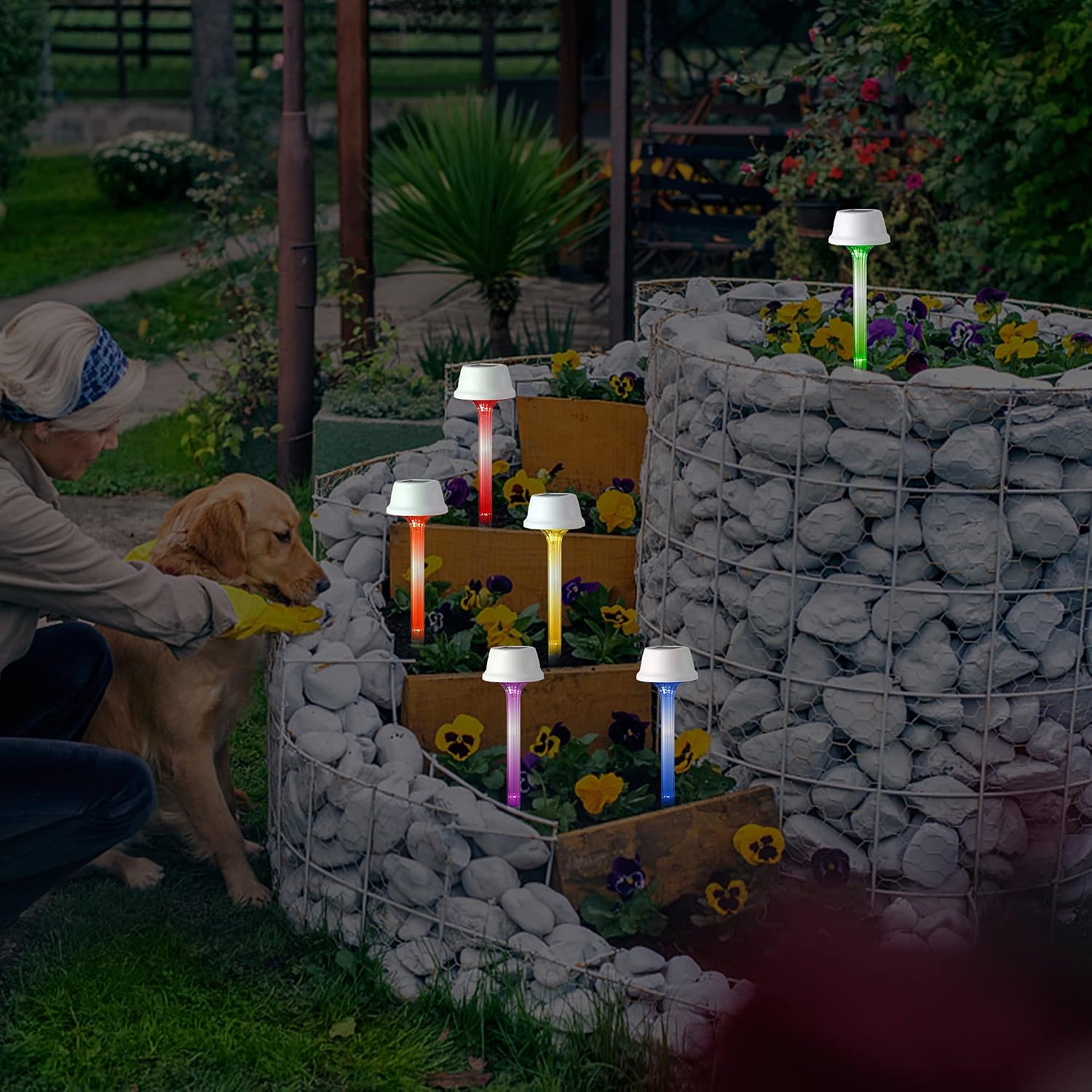 MAGGIFT 12 Pack Solar Pathway Lights, RGB Color Changing Outdoor Garden Stake Light, Waterproof Solar Powered Landscape Flower Stick, Auto Change Color for Lawn, Patio, Yard, Walkway, Deck, Driveway