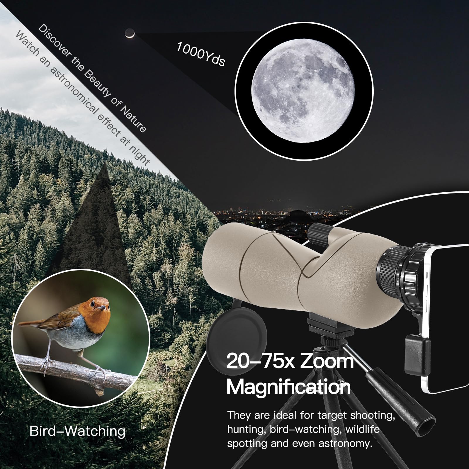 Cannocchiale, cannocchiale da caccia per il tiro al bersaglio, telescopio impermeabile con treppiede con prisma BAK4, adattatore per telefono, borsa per il trasporto (60H)