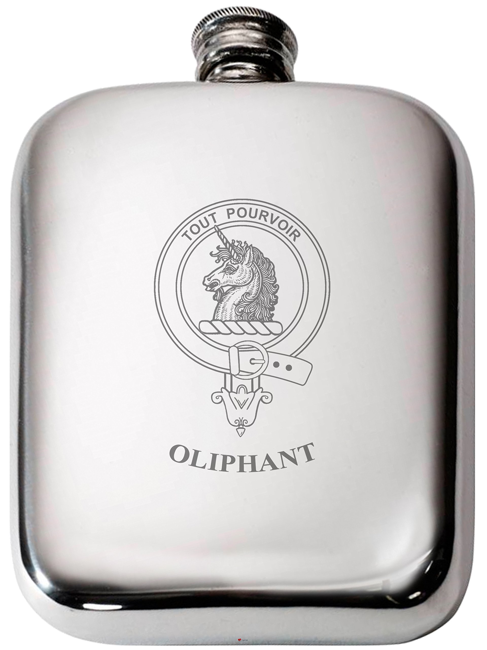 Flacon de hanche Oliphant étain 6oz : fiole whisky écossaise avec blason