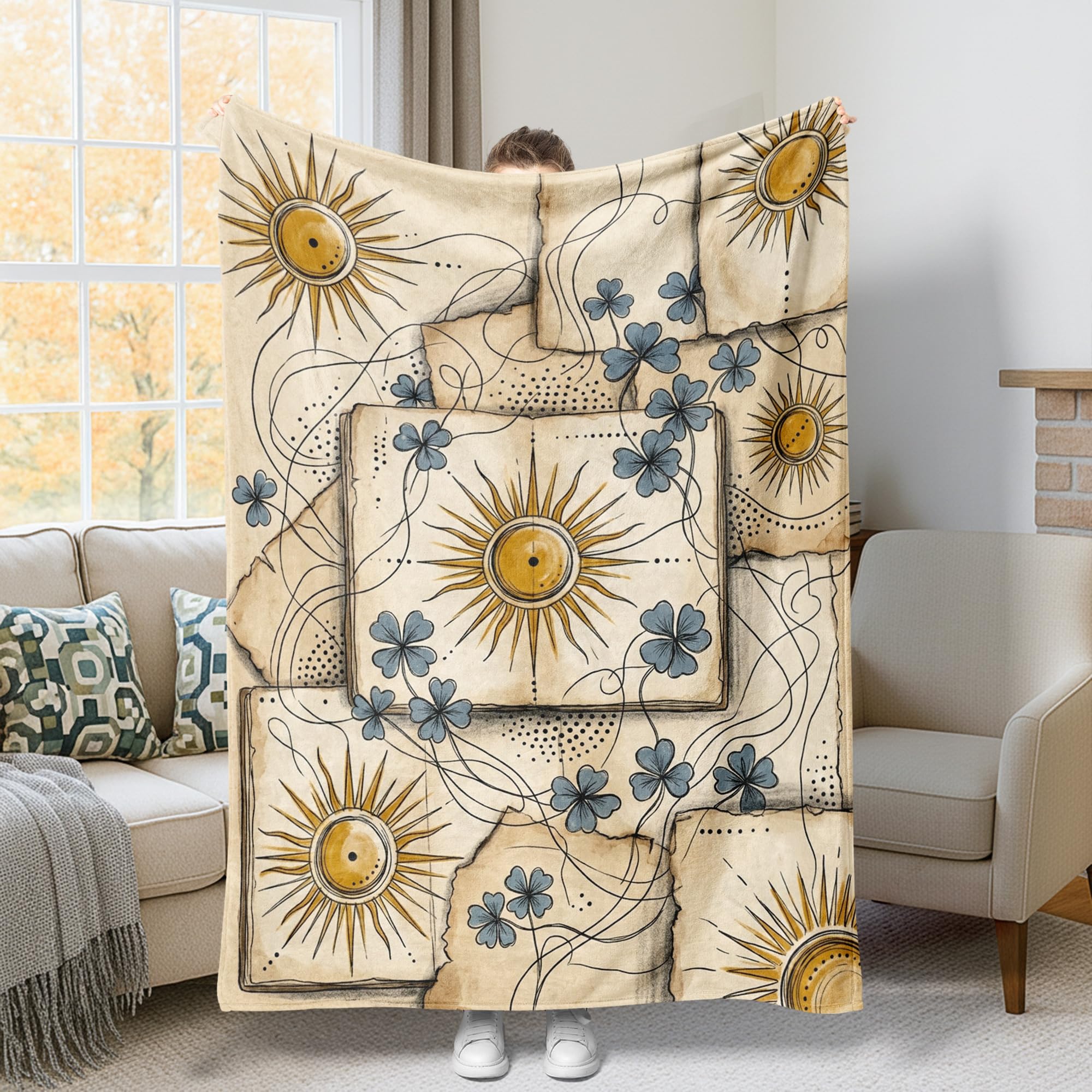 Couverture en polaire bohème beige pour réchauffer vos soirées sur le canapé