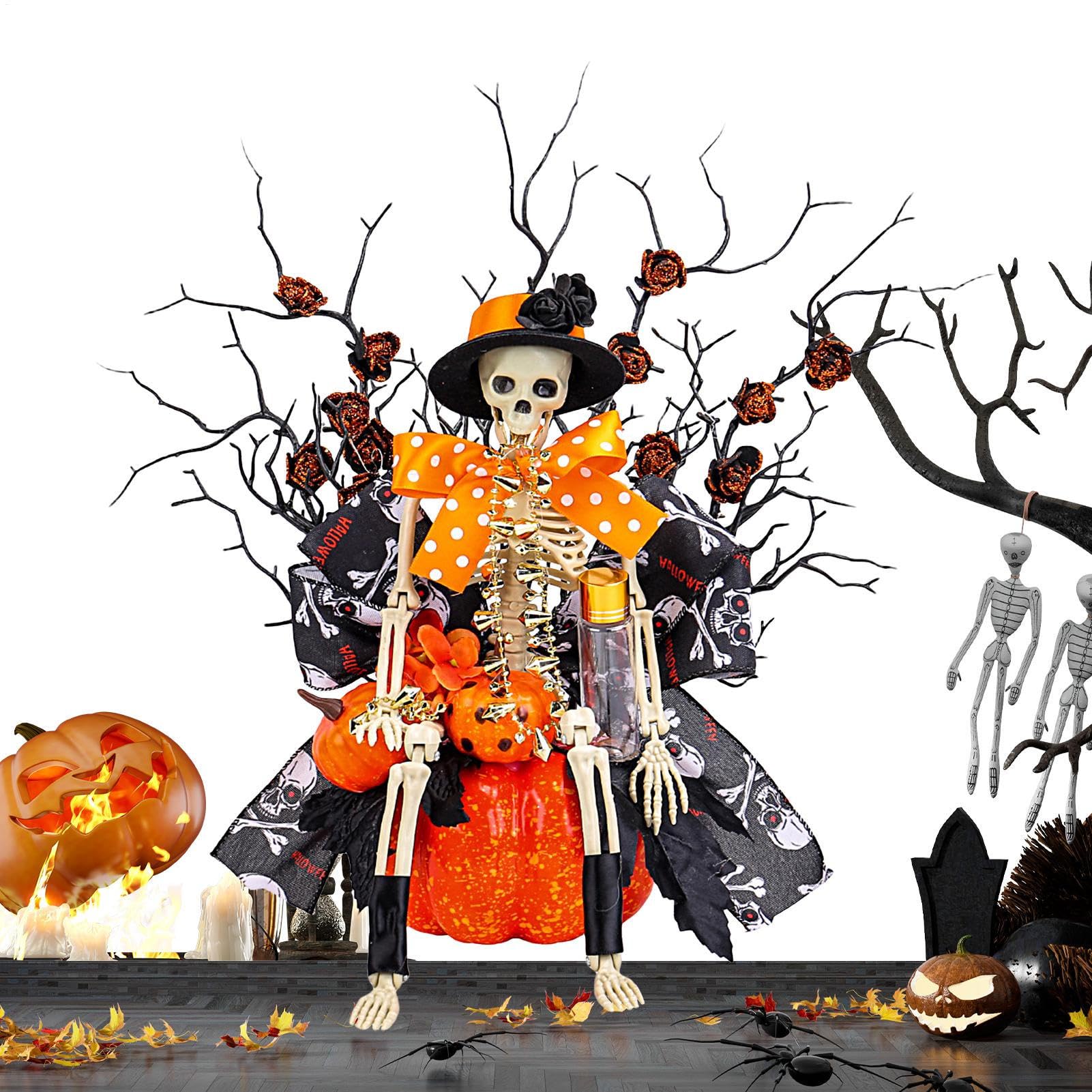 Figurine de citrouille squelette pour entrée accueillante d'Halloween