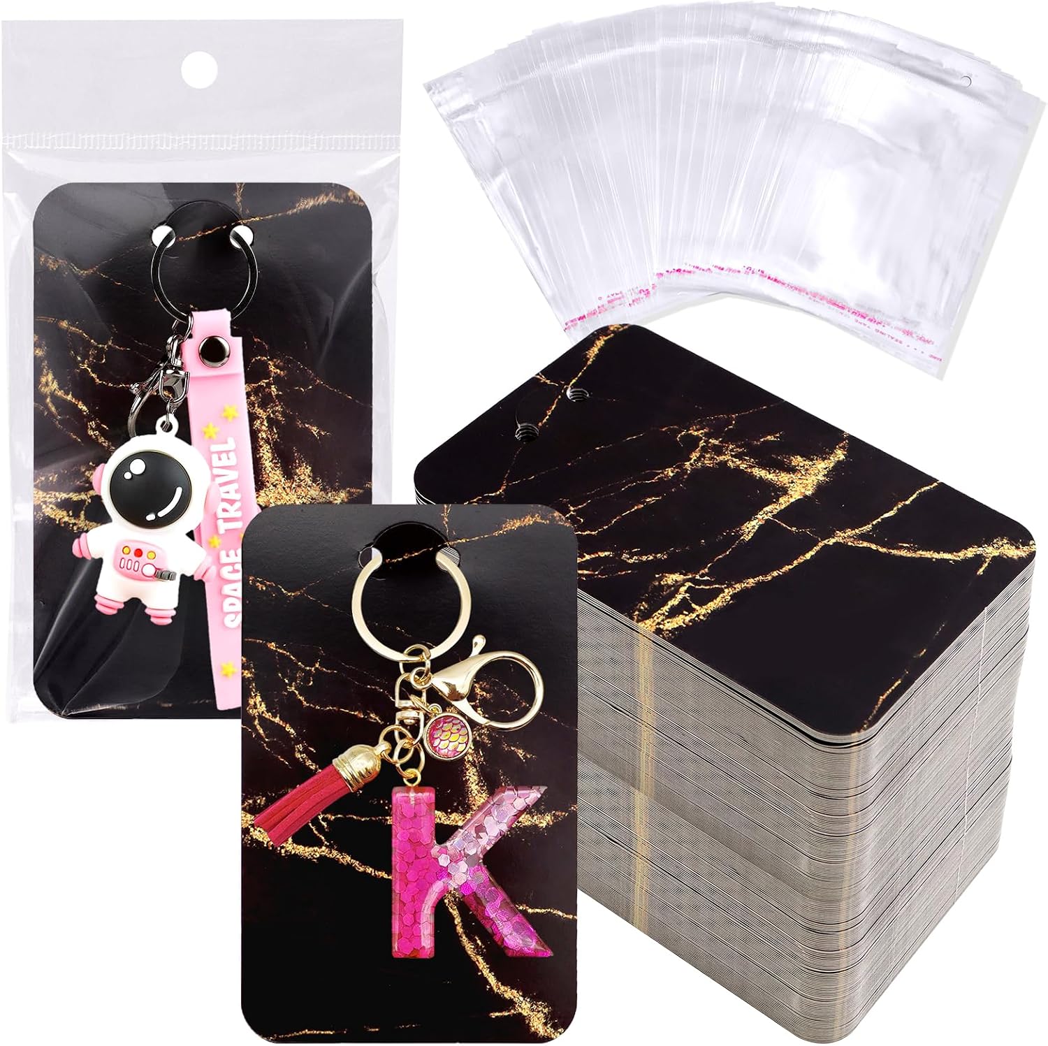 ZYNERY 100 Display Cards with Self-Sealing Bags, 3 x 4.7 Inch Keychain Holder, Jewelry Packaging Supplies (Marble Pink)