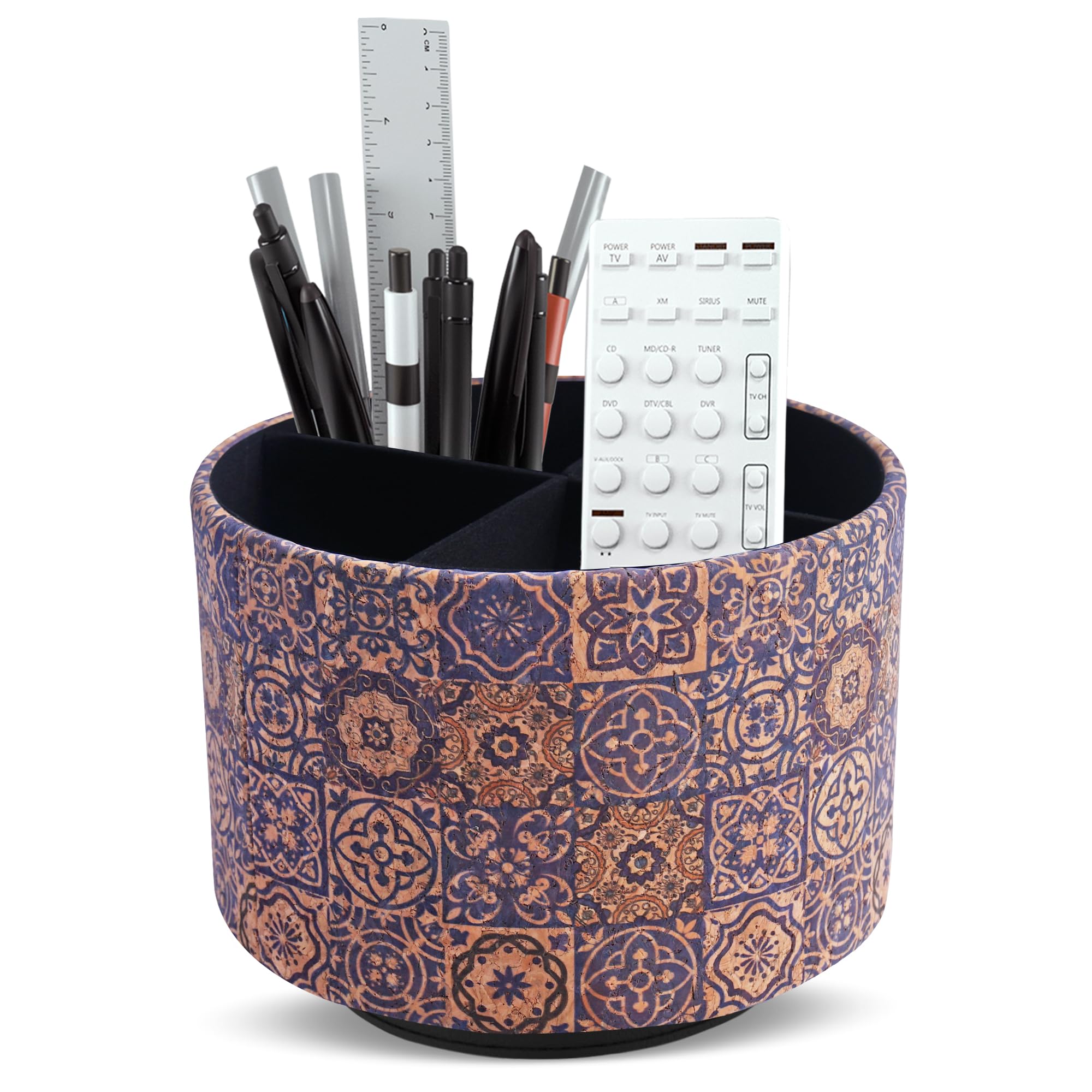 Mtzmy Round Leather Art Supply Organizer,Remote Control Holder,360 Degree Spinning,Multi-Functional Pencil Holder,4 Compartments Desktop Stationary Organizer(1-Soft Blue) — image 1