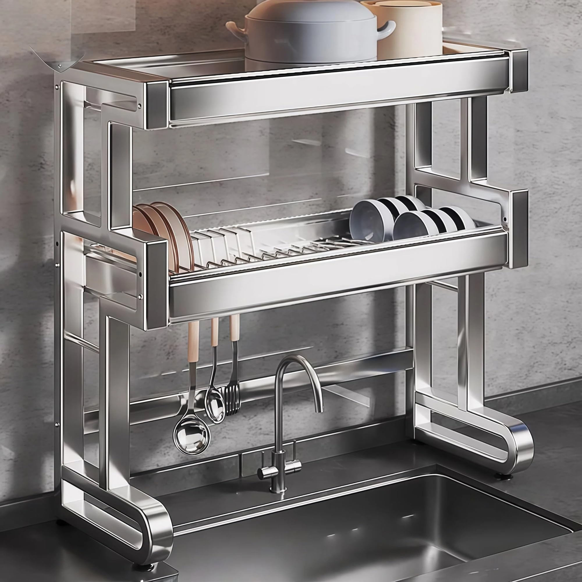 Escurrecubiertos de Cocina para Fregadero | Estante de 2 pisos en acero inoxidable y organizador ahorrador de espacio(Silver,34"/86cm)