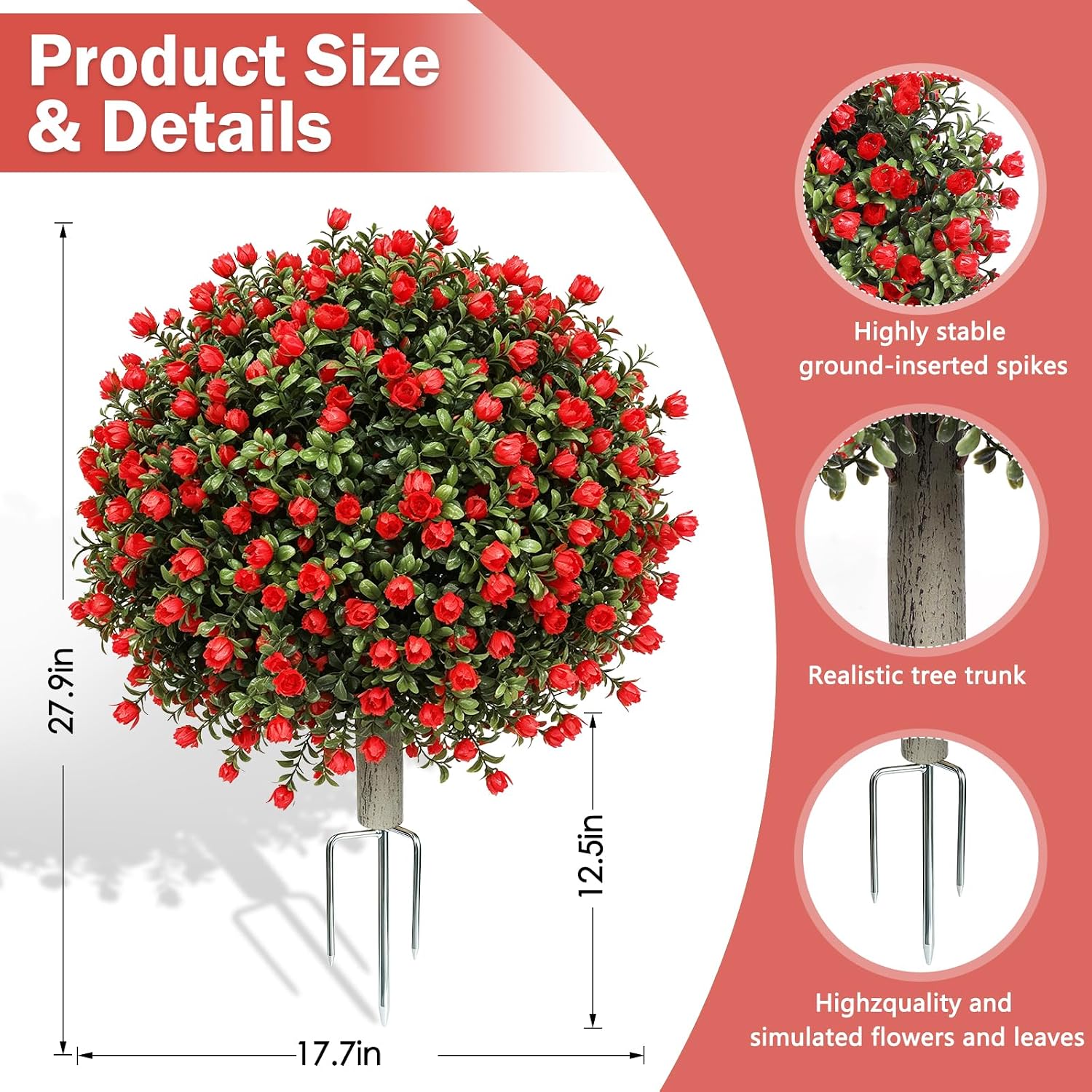 2 Pack Artificial Topiary Ball Trees, Fake Plants for Outdoor Indoor Artificial Shrubs with Ground Spike, UV Resistant Fake Bushes for Front Porch, Patio (Artificial Red Rose Flowers Tree)